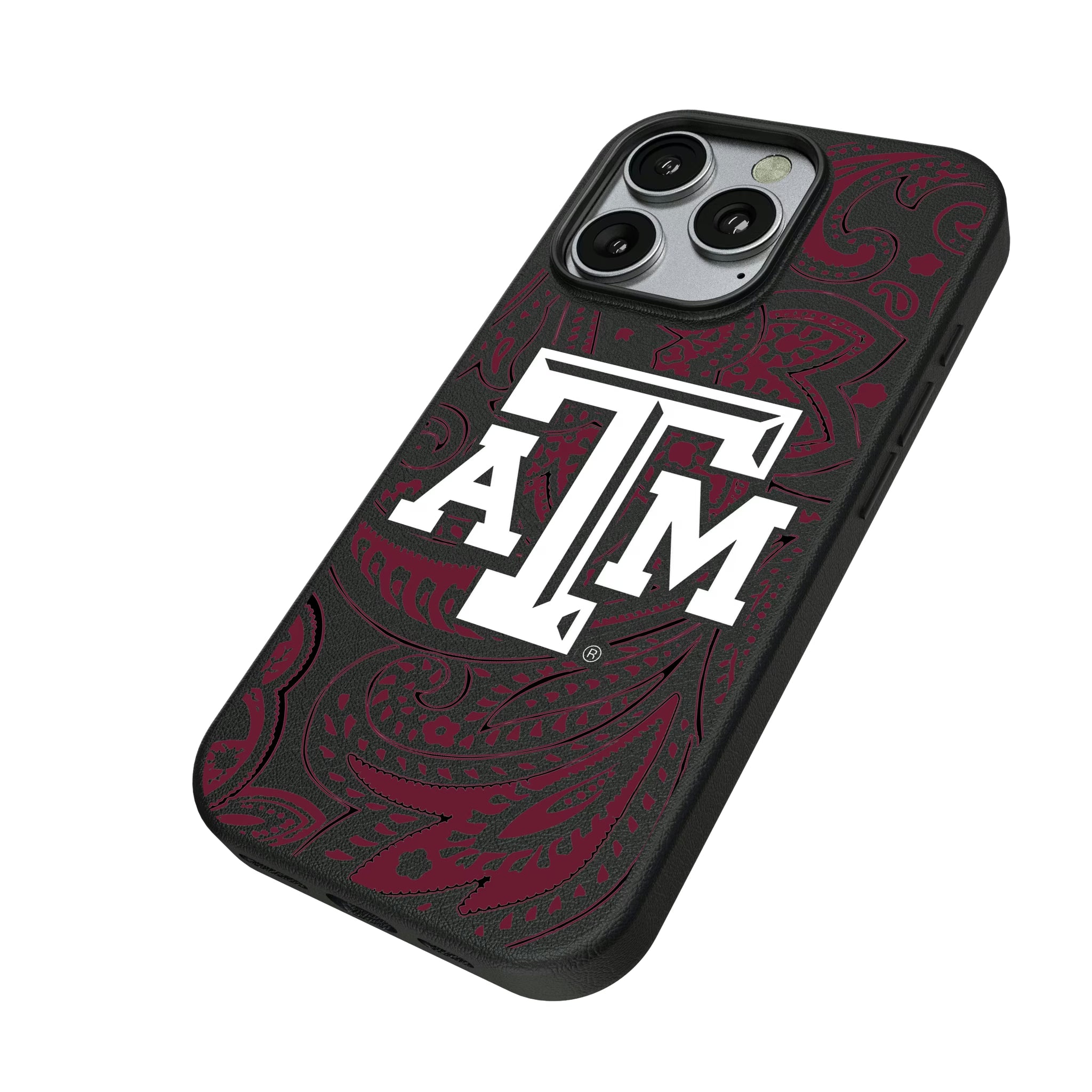 Texas A&M University Aggies Paisley iPhone MagSafe Compatible Phone Case for Apple iPhone - Isometric View