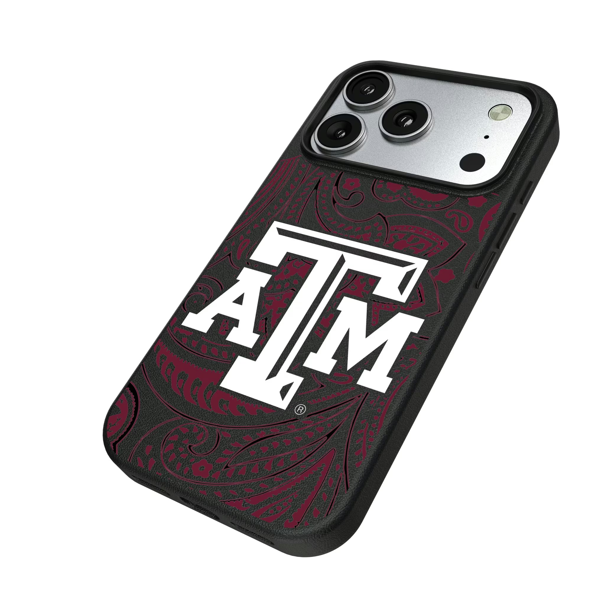 Texas A&M University Aggies Paisley iPhone MagSafe Compatible Phone Case for Apple iPhone - Isometric View#Device_iPhone 17 Pro