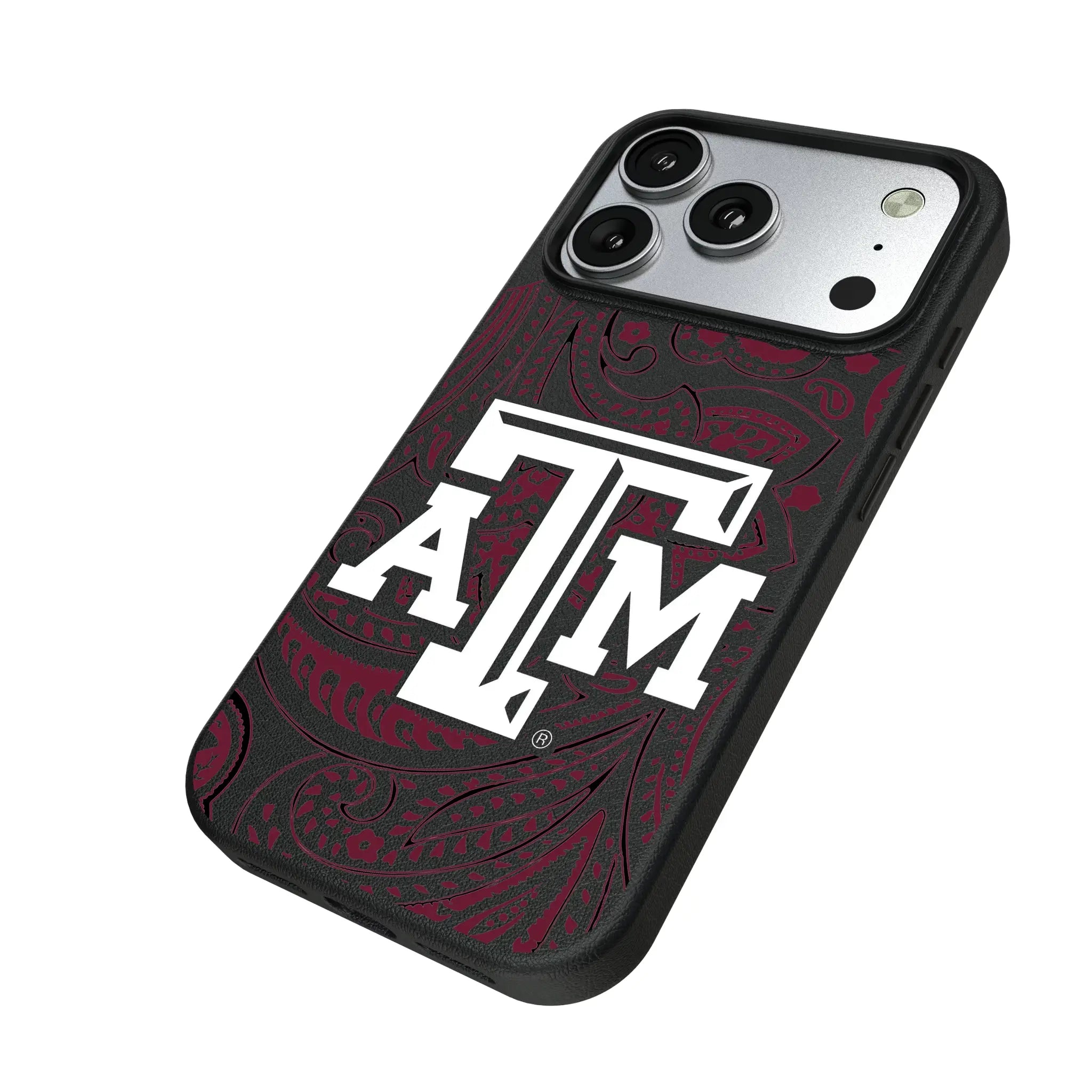 Texas A&M University Aggies Paisley iPhone MagSafe Compatible Phone Case for Apple iPhone - Isometric View#Device_iPhone 17 Pro
