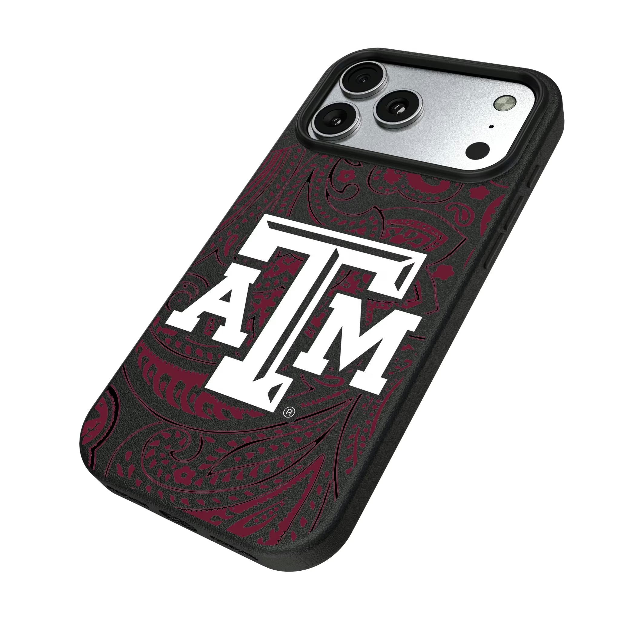 Texas A&M University Aggies Paisley iPhone MagSafe Compatible Phone Case for Apple iPhone - Isometric View#Device_iPhone 17 Pro Max