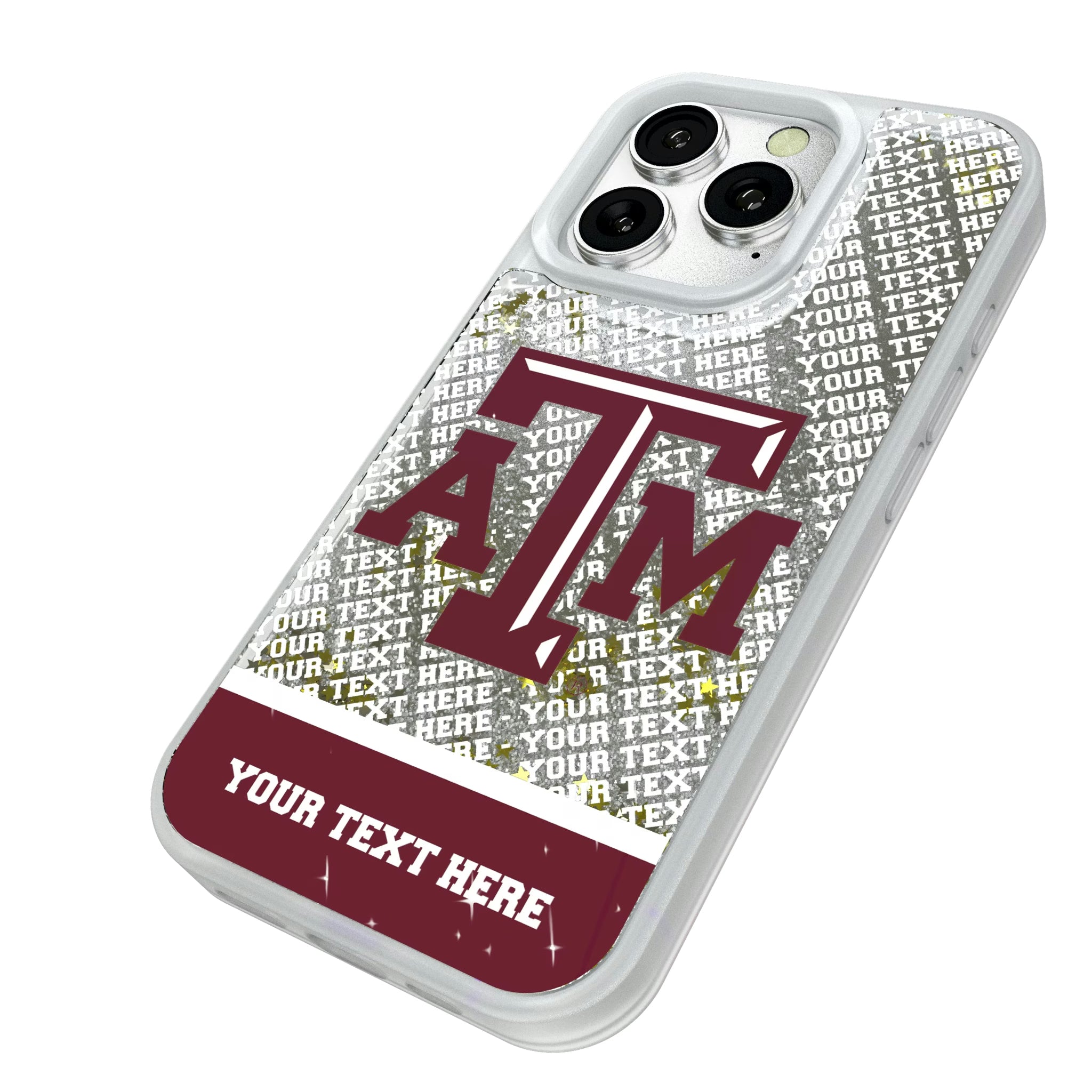 Texas A&M University Aggies Personalized EndZone Plus iPhone Glitter Phone Case for Apple iPhone - Isometric View#Device_iPhone 16 Pro