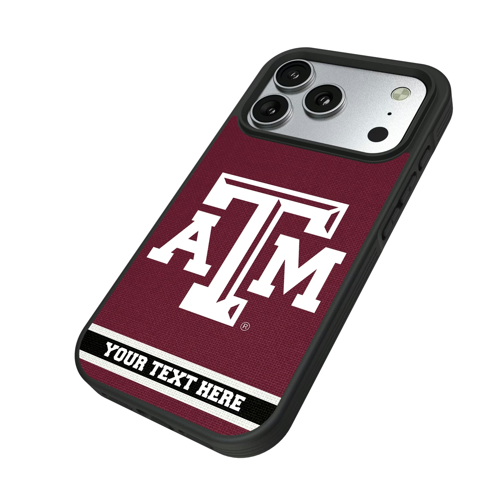 Texas A&M University Aggies Personalized Stripe iPhone Bump Phone Case for Apple iPhone - Isometric View#Device_iPhone 17 Pro