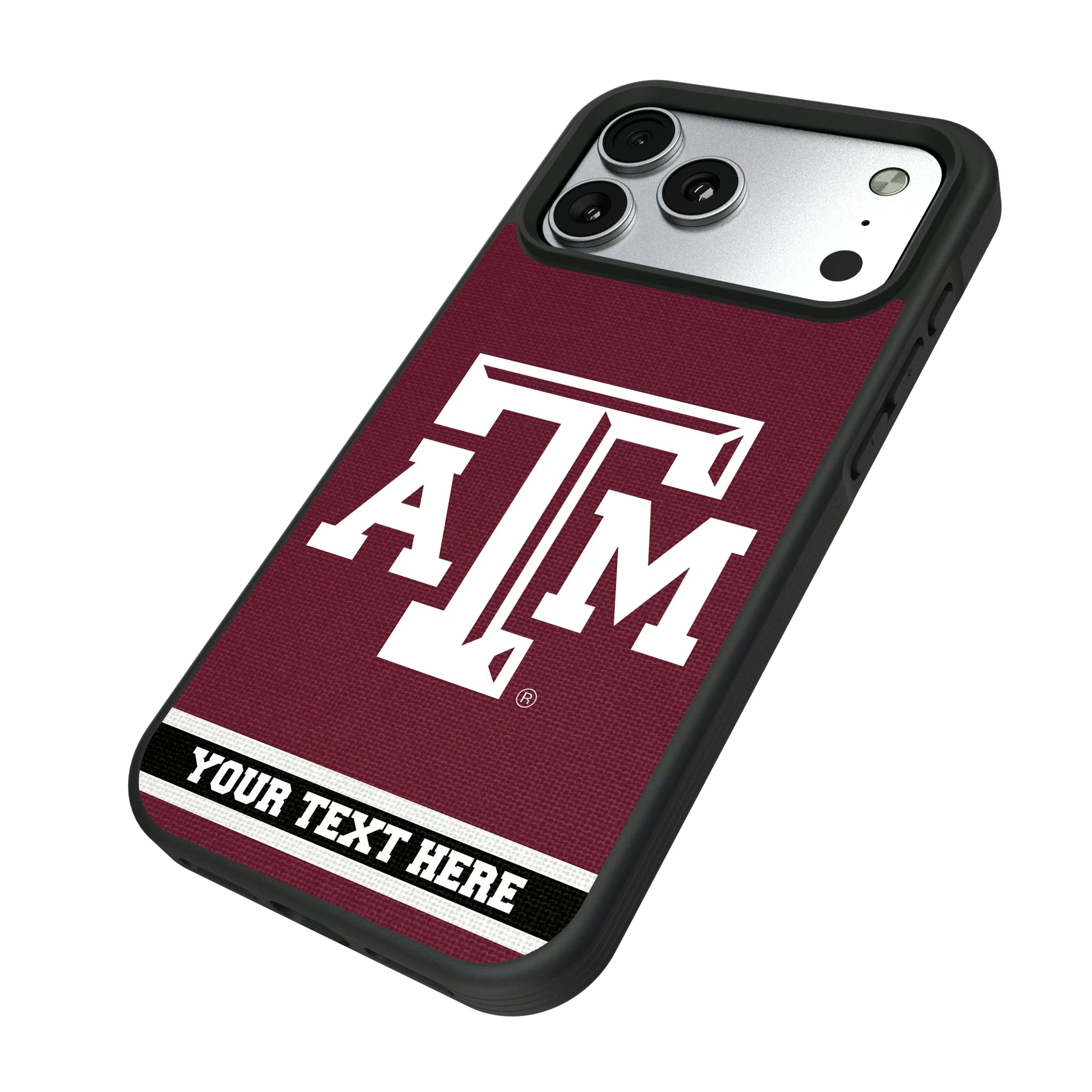 Texas A&M University Aggies Personalized Stripe iPhone Bump Phone Case for Apple iPhone - Isometric View#Device_iPhone 17 Pro Max