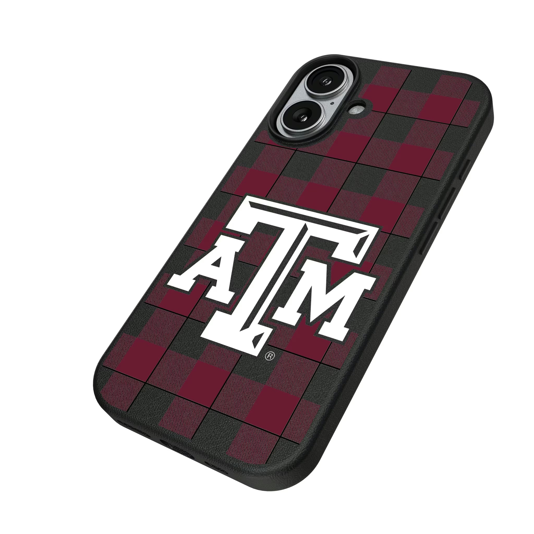 Texas A&M University Aggies Plaid iPhone MagSafe Compatible Phone Case for Apple iPhone - Isometric View#Device_iPhone 17