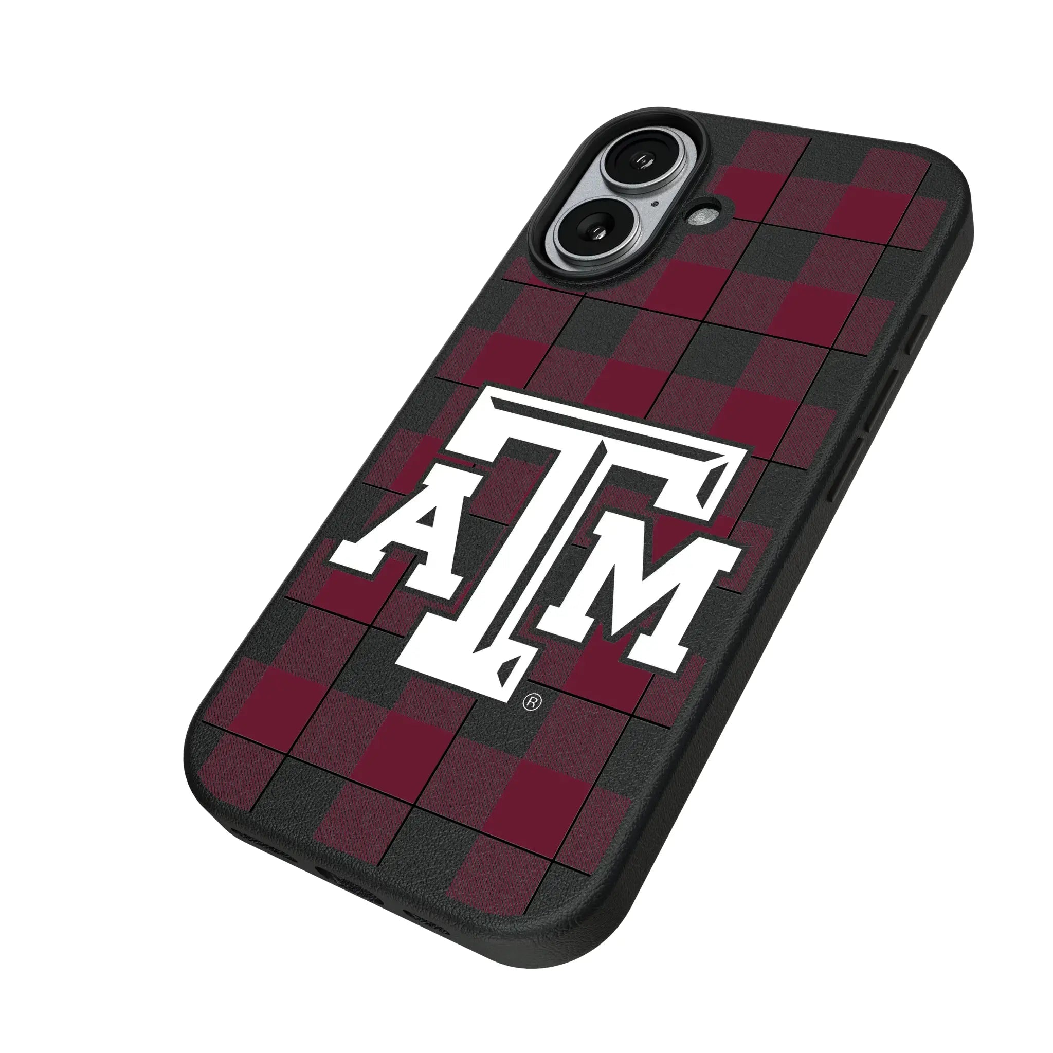 Texas A&M University Aggies Plaid iPhone MagSafe Compatible Phone Case for Apple iPhone - Isometric View#Device_iPhone 17