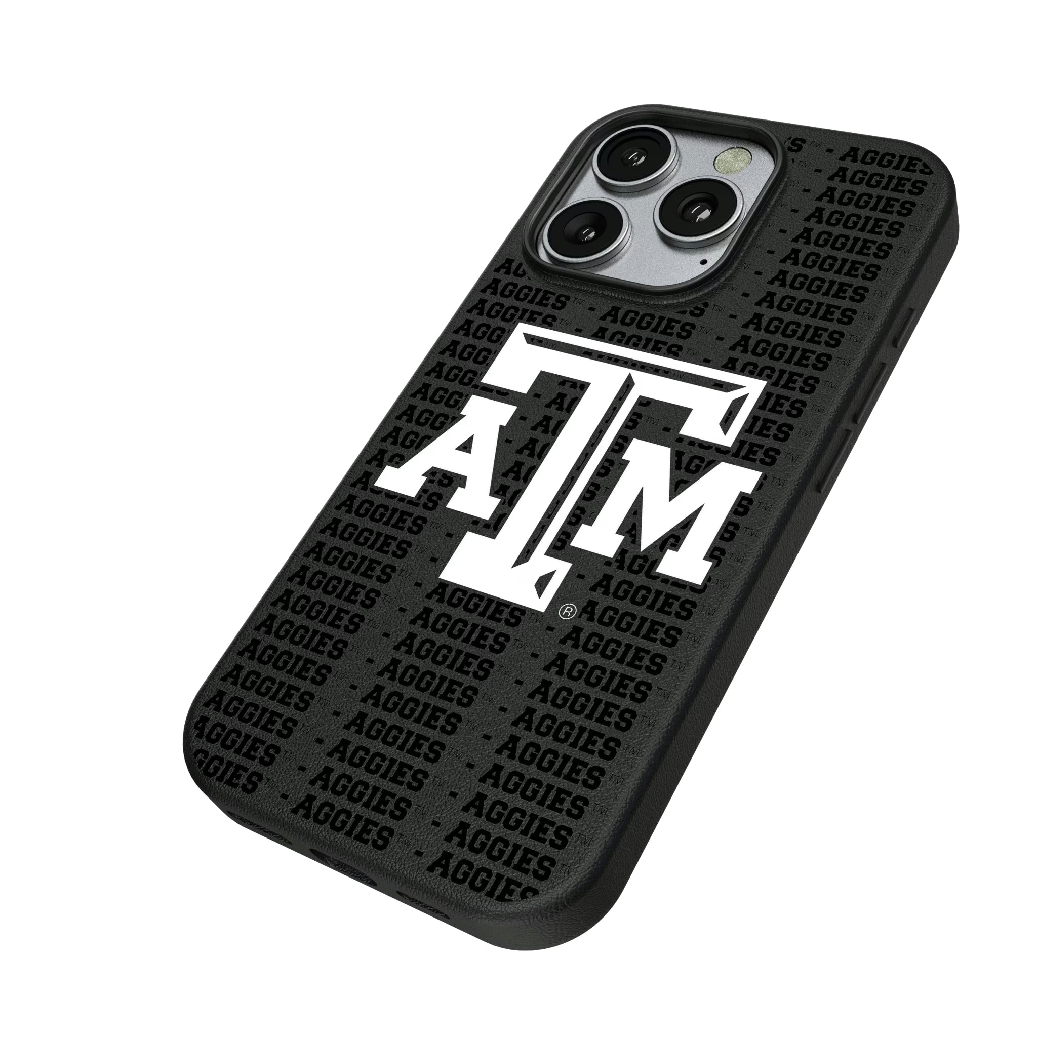 Texas A&M University Aggies Text Backdrop iPhone MagSafe Compatible Phone Case for Apple iPhone - Isometric View