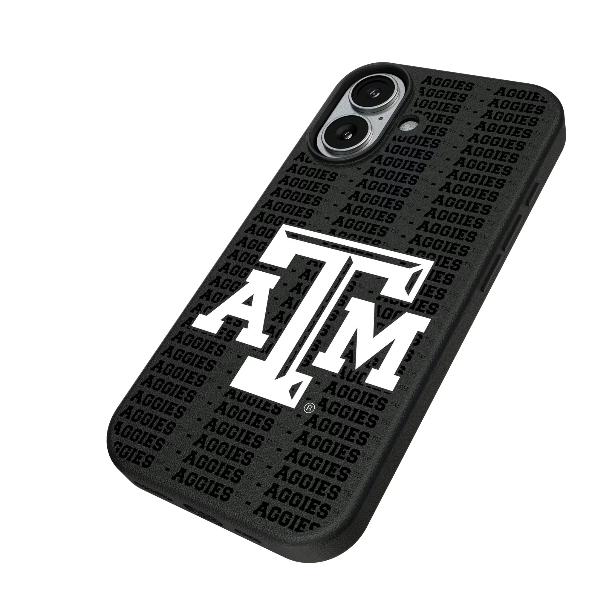 Texas A&M University Aggies Text Backdrop iPhone MagSafe Compatible Phone Case for Apple iPhone - Isometric View#Device_iPhone 17