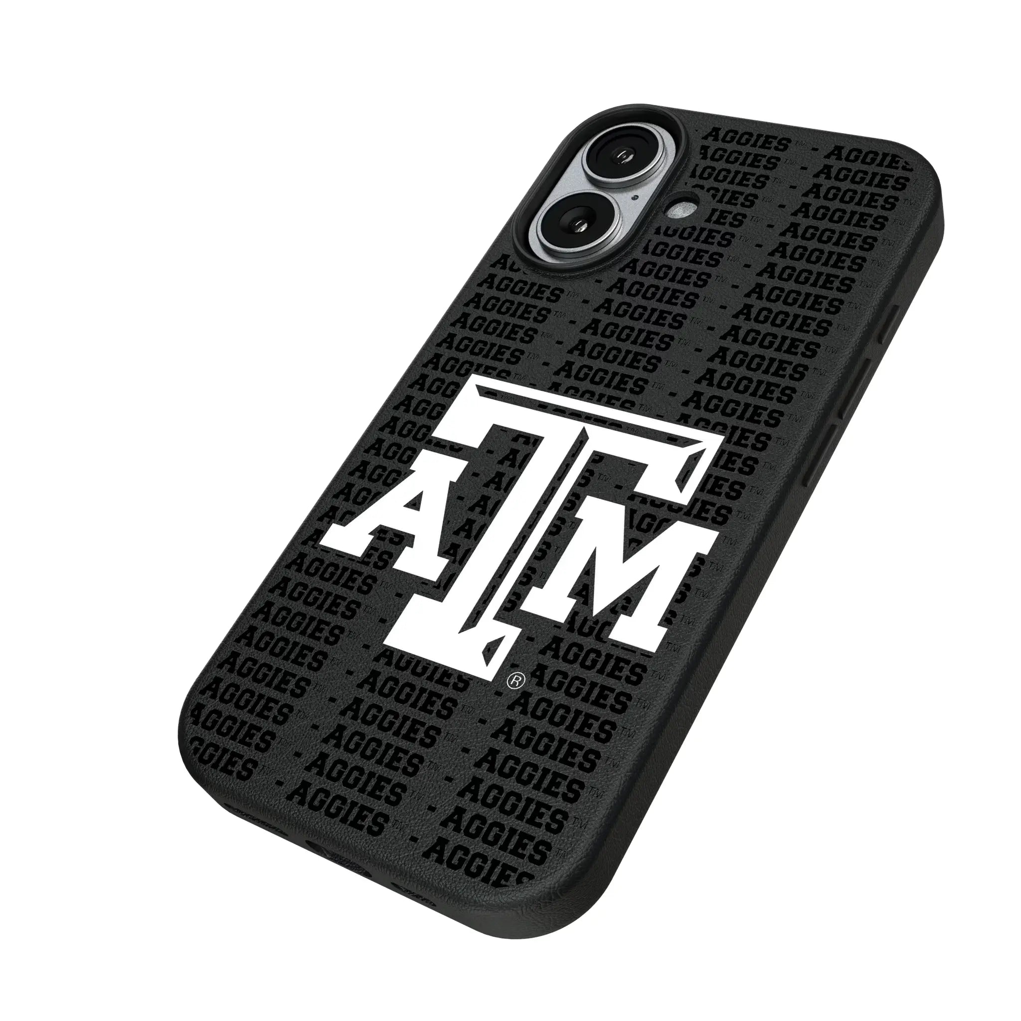 Texas A&M University Aggies Text Backdrop iPhone MagSafe Compatible Phone Case for Apple iPhone - Isometric View#Device_iPhone 17