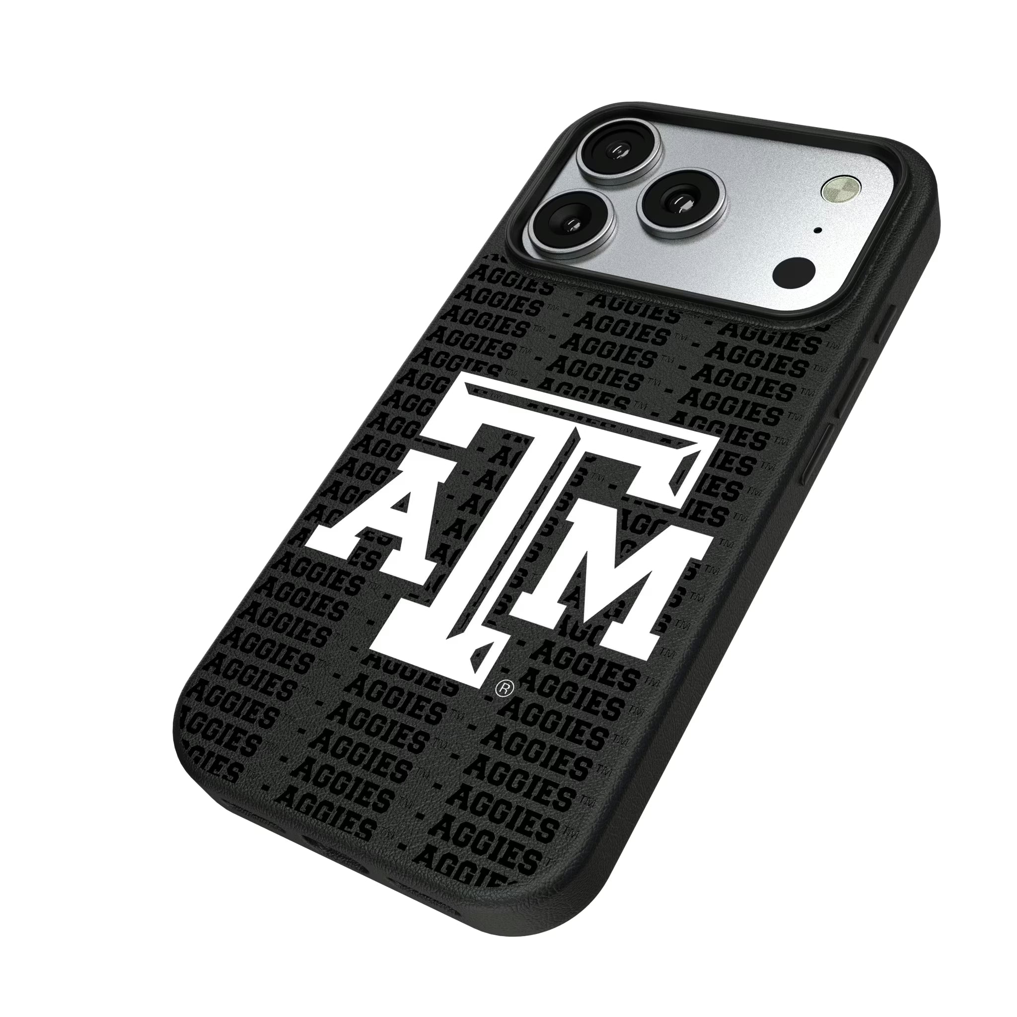 Texas A&M University Aggies Text Backdrop iPhone MagSafe Compatible Phone Case for Apple iPhone - Isometric View#Device_iPhone 17 Pro