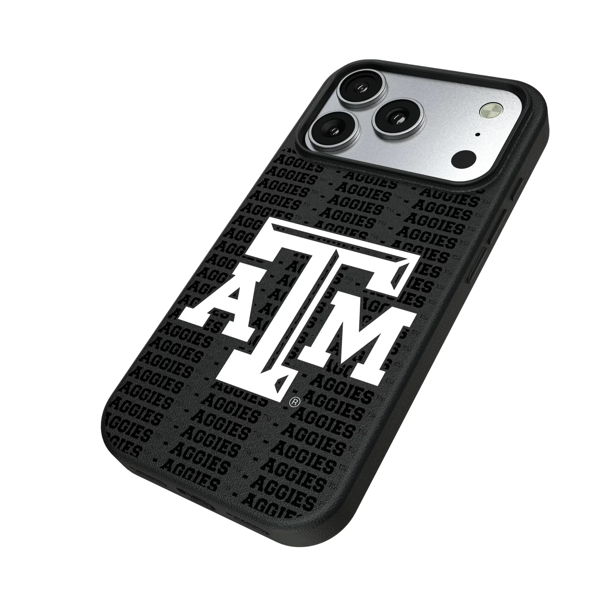Texas A&M University Aggies Text Backdrop iPhone MagSafe Compatible Phone Case for Apple iPhone - Isometric View#Device_iPhone 17 Pro