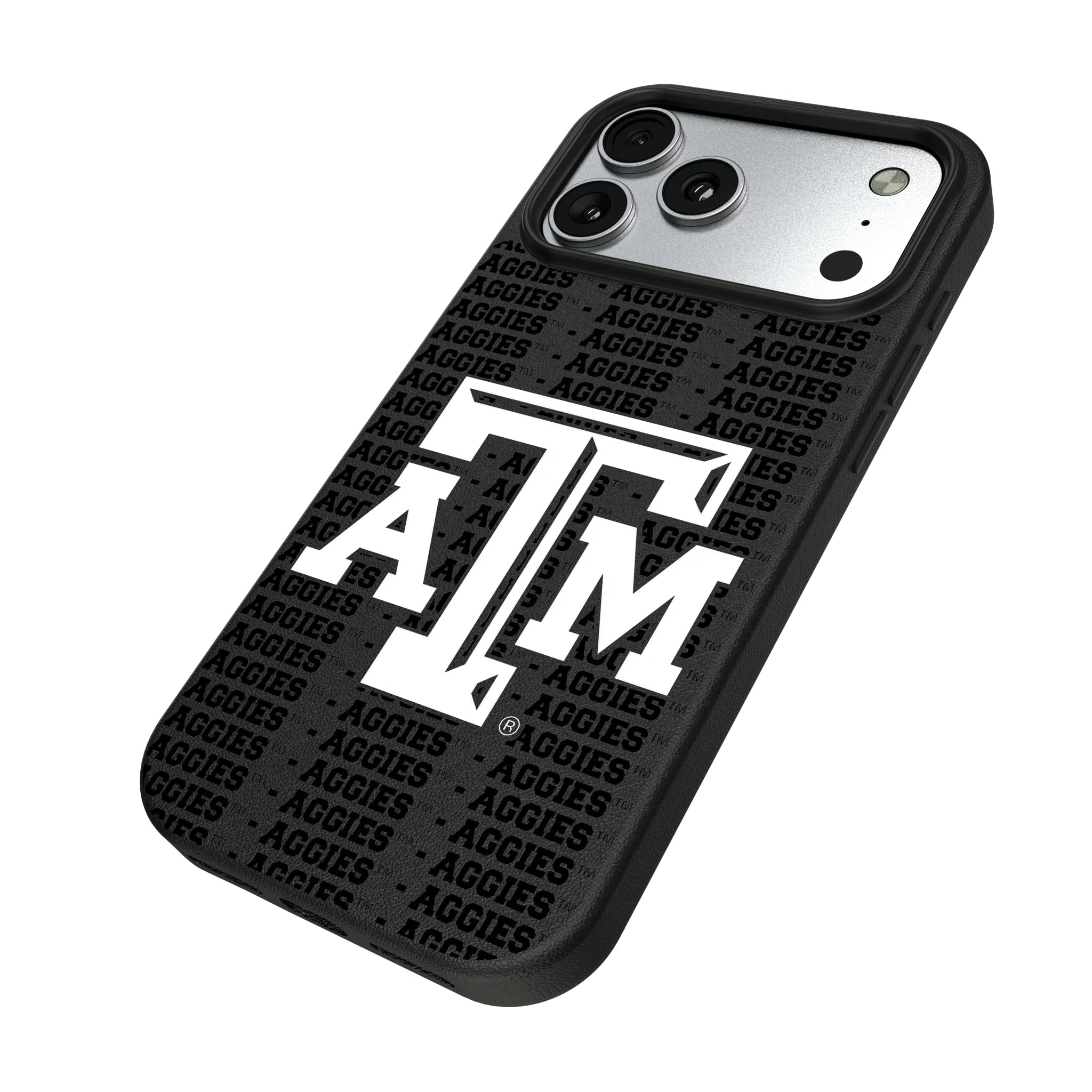 Texas A&M University Aggies Text Backdrop iPhone MagSafe Compatible Phone Case for Apple iPhone - Isometric View#Device_iPhone 17 Pro Max