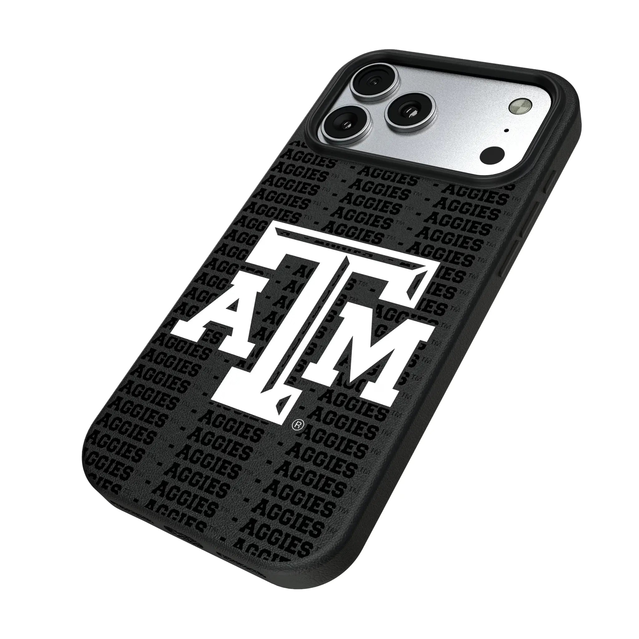 Texas A&M University Aggies Text Backdrop iPhone MagSafe Compatible Phone Case for Apple iPhone - Isometric View#Device_iPhone 17 Pro Max