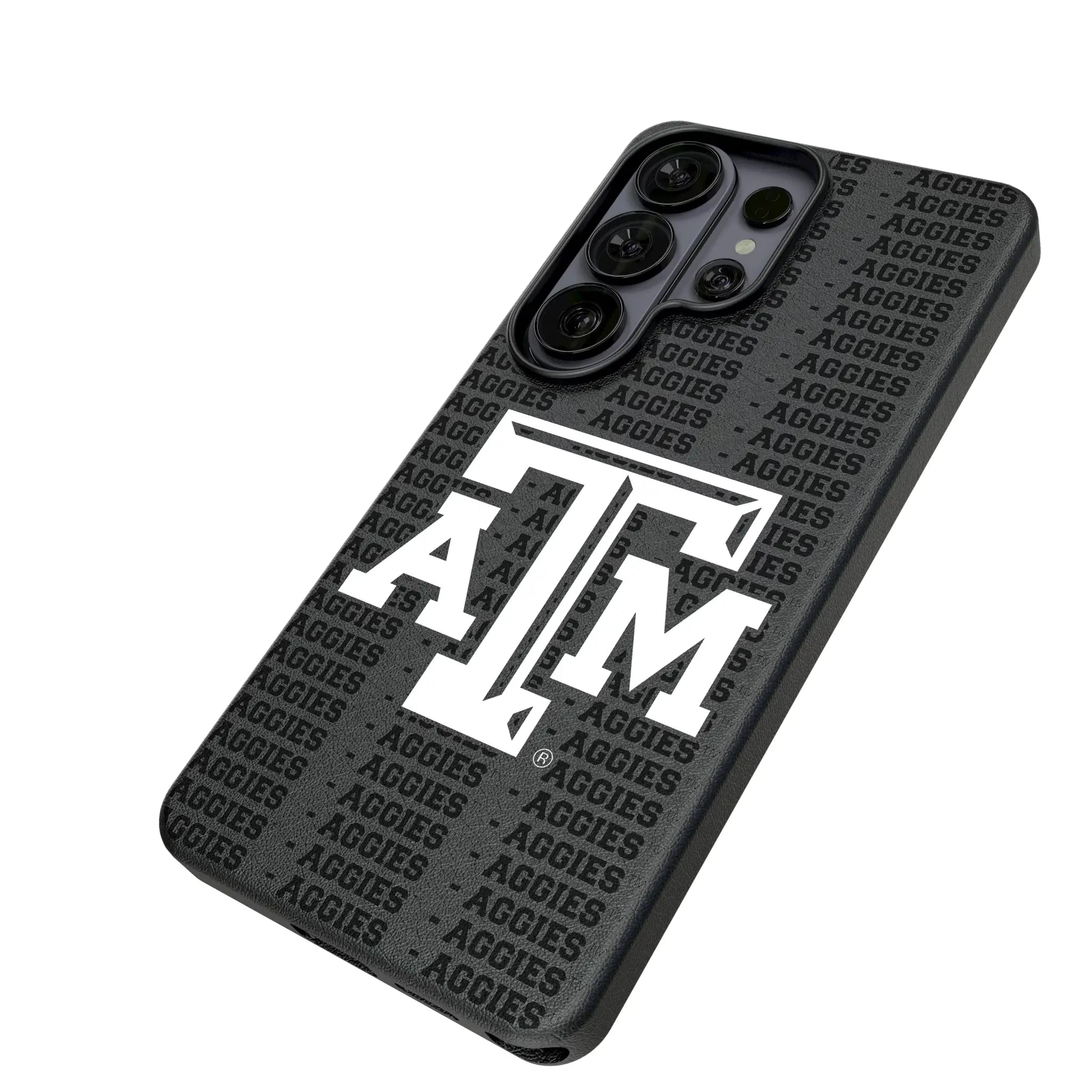 Texas A&M University Aggies Text Backdrop Galaxy MagSafe Compatible Phone Case for Samsung Galaxy - Isometric View#Device_Galaxy S26 Ultra