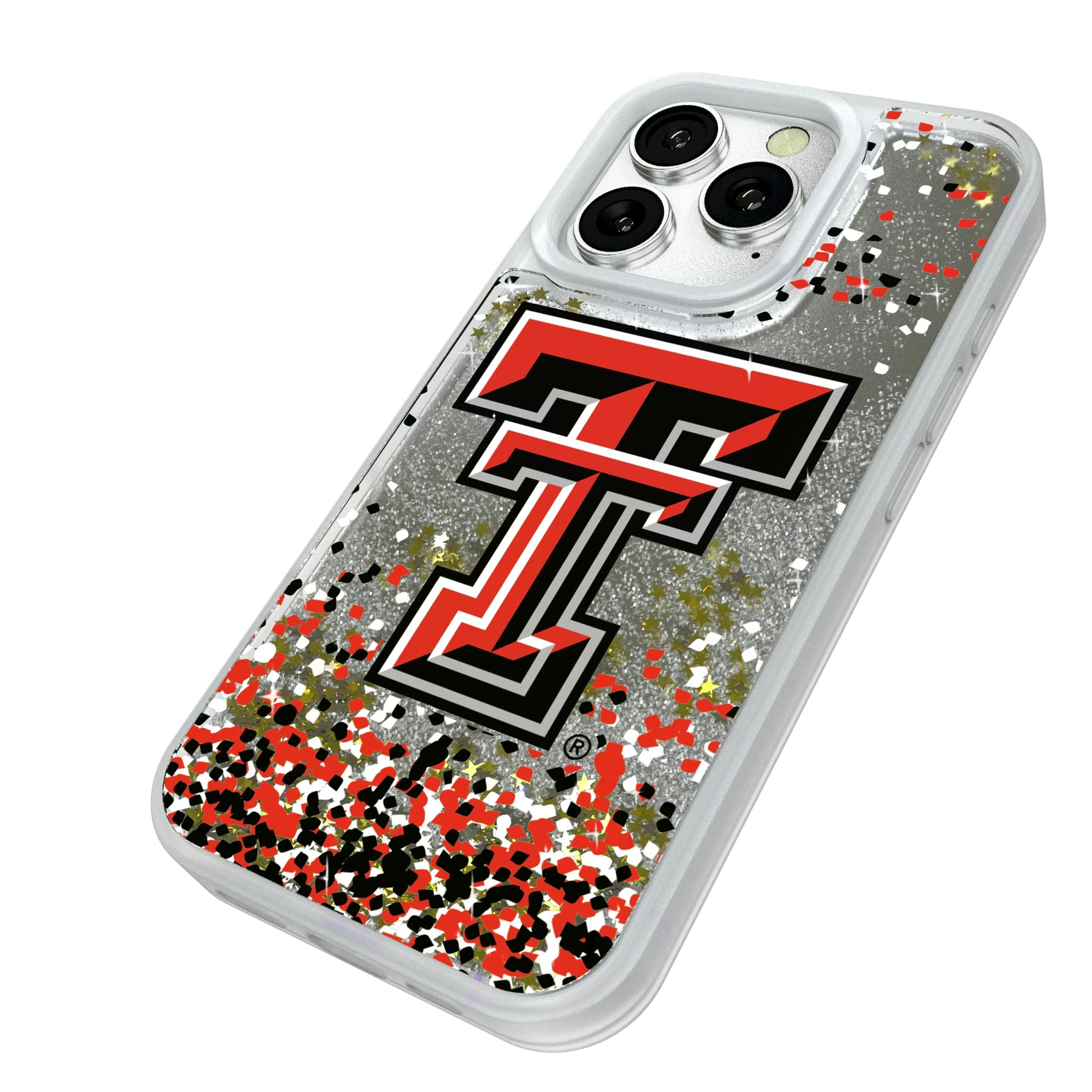 Texas Tech Red Raiders Confetti iPhone Glitter Phone Case for Apple iPhone - Isometric View#Device_iPhone 16 Pro