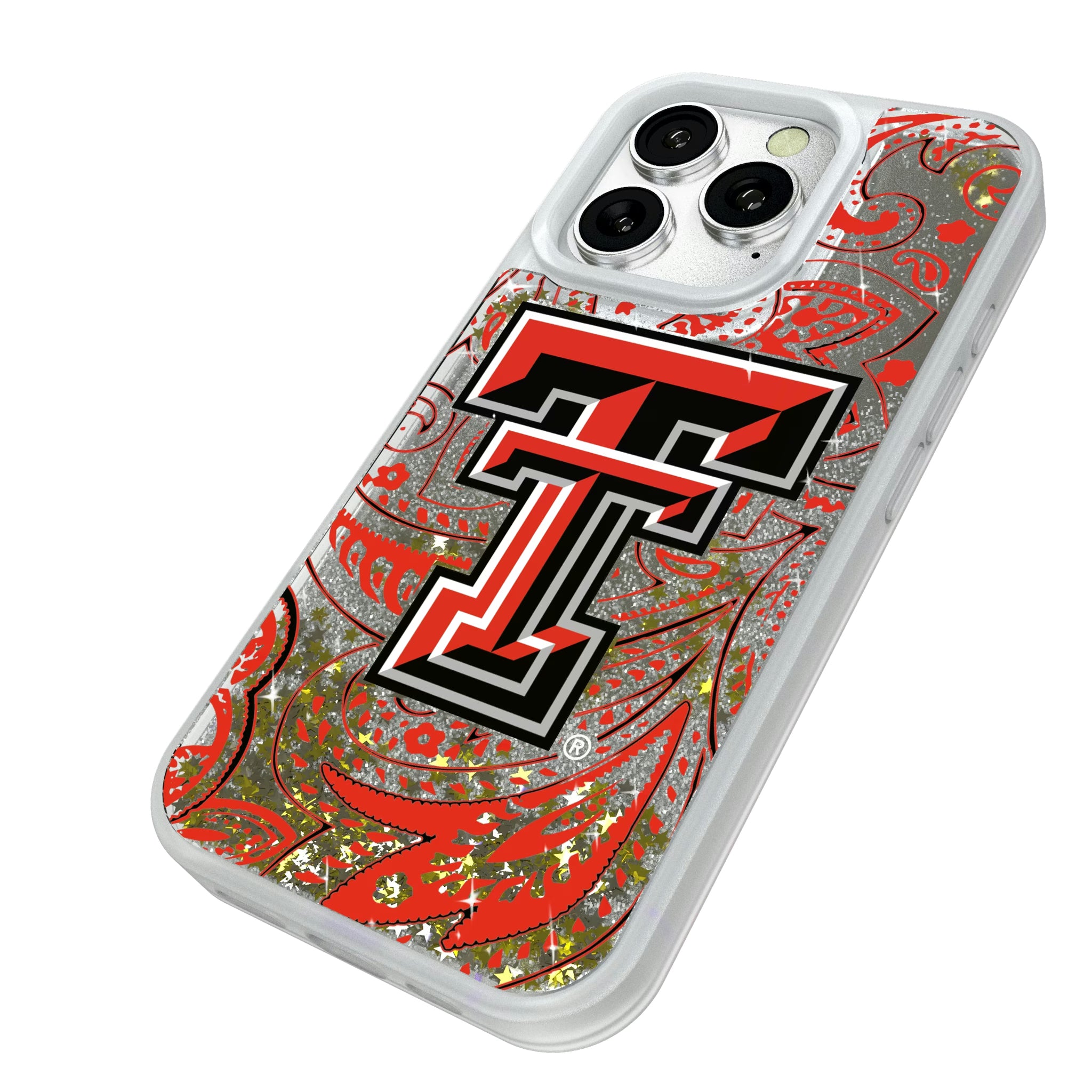 Texas Tech Red Raiders Paisley iPhone Glitter Phone Case for Apple iPhone - Isometric View#Device_iPhone 16 Pro