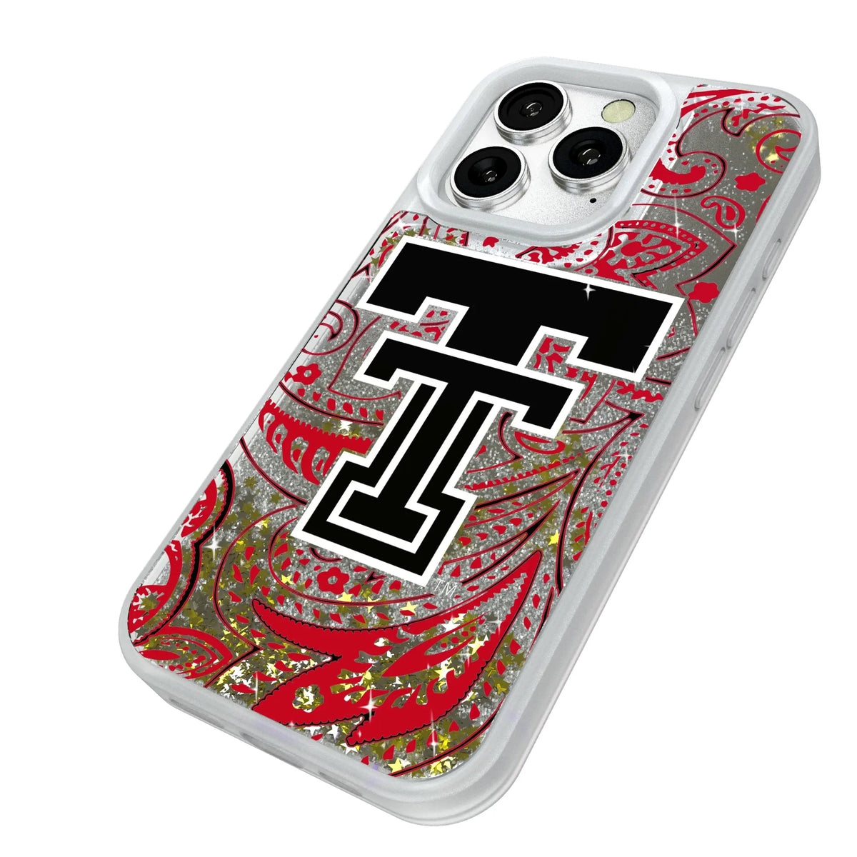 Texas Tech Red Raiders Paisley iPhone Glitter Phone Case for Apple iPhone - Isometric View#Device_iPhone 16 Pro