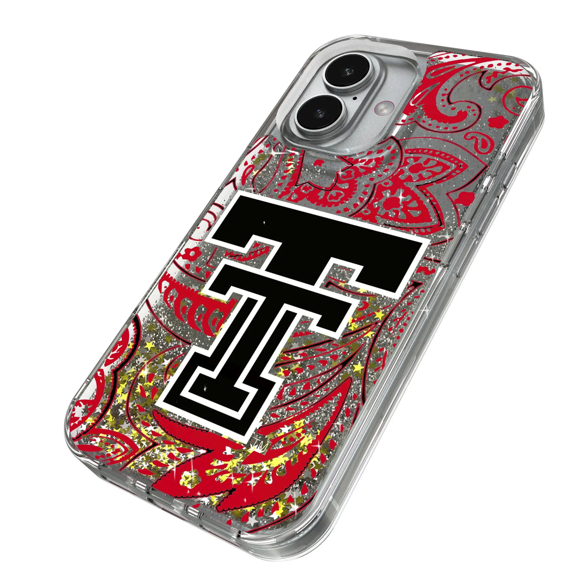 Texas Tech Red Raiders Paisley iPhone Glitter Phone Case for Apple iPhone - Isometric View#Device_iPhone 17