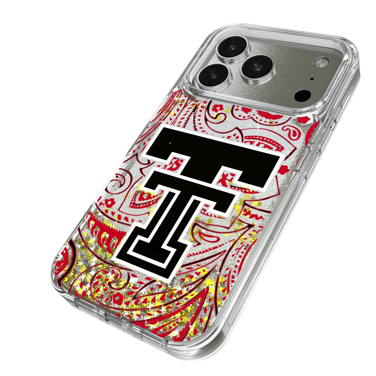 Texas Tech Red Raiders Paisley iPhone Glitter Phone Case for Apple iPhone - Isometric View#Device_iPhone 17 Pro