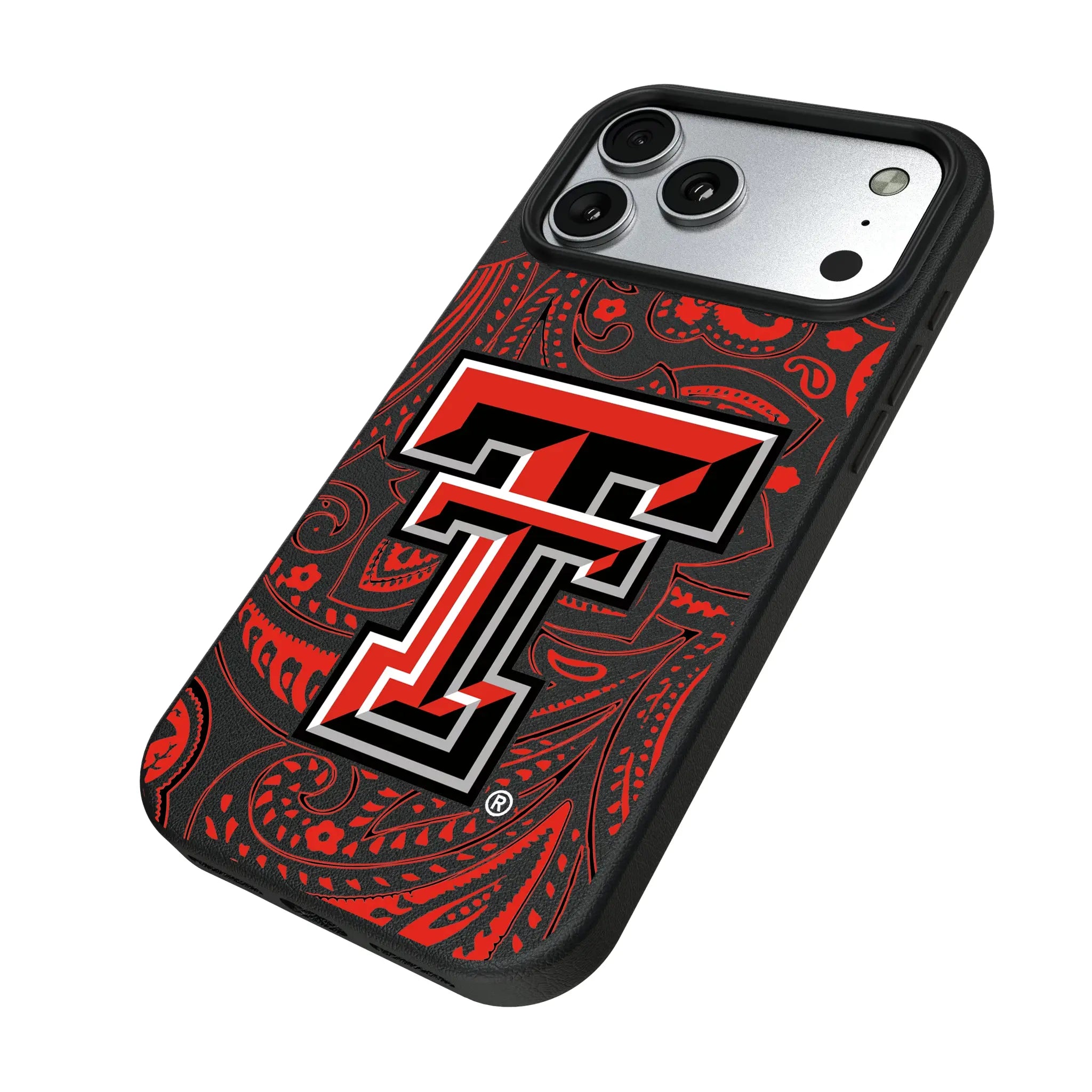 Texas Tech Red Raiders Paisley iPhone MagSafe Compatible Phone Case for Apple iPhone - Isometric View#Device_iPhone 17 Pro Max