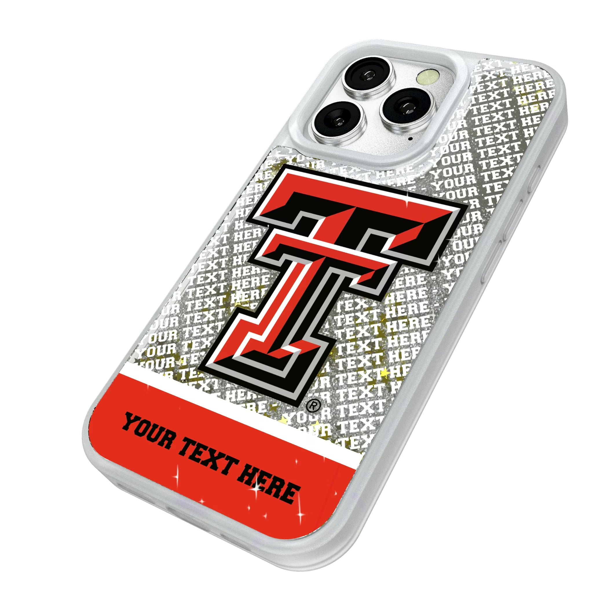 Texas Tech Red Raiders Personalized EndZone Plus iPhone Glitter Phone Case for Apple iPhone - Isometric View#Device_iPhone 16 Pro