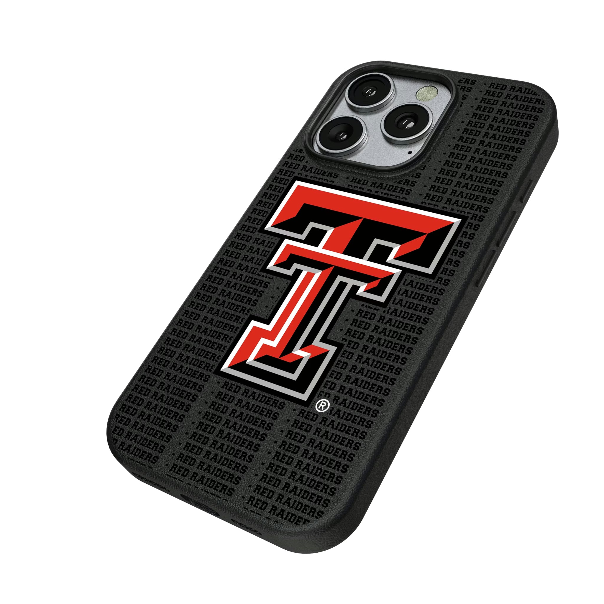Texas Tech Red Raiders Text Backdrop iPhone MagSafe Compatible Phone Case for Apple iPhone - Isometric View
