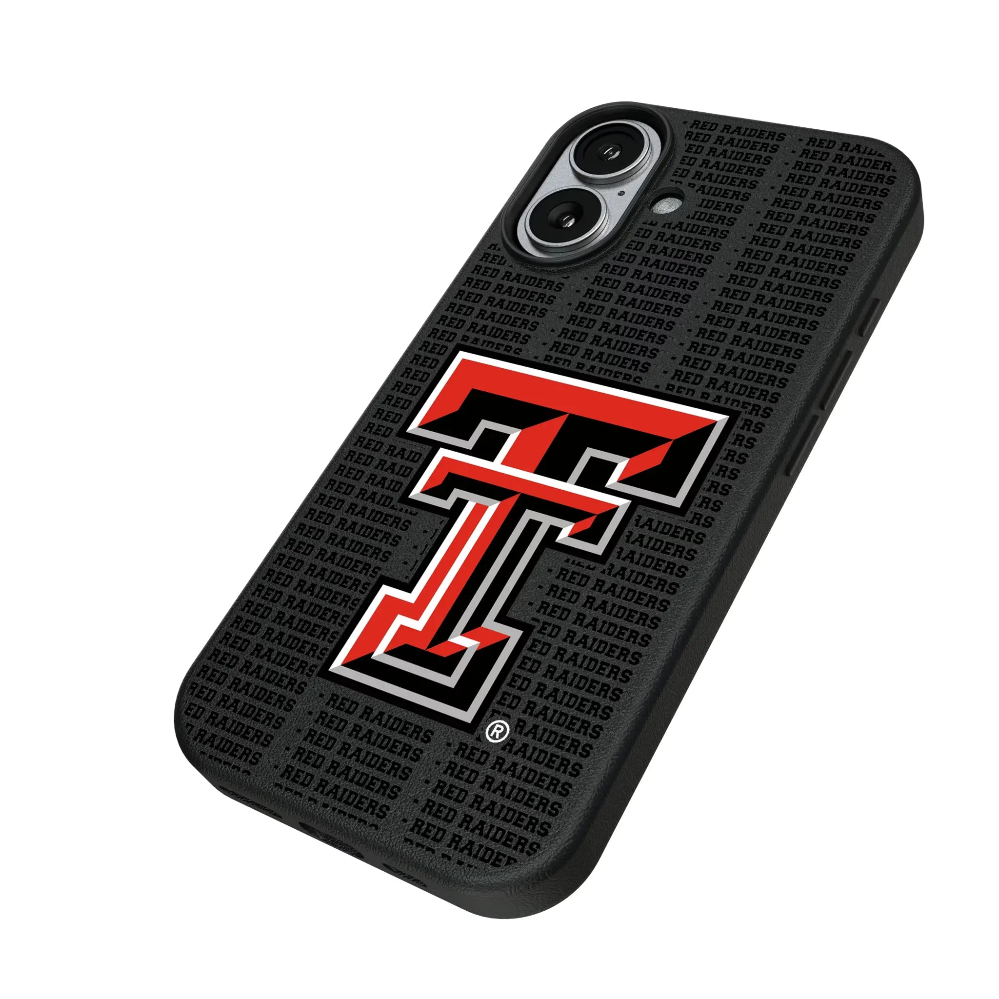Texas Tech Red Raiders Text Backdrop iPhone MagSafe Compatible Phone Case for Apple iPhone - Isometric View#Device_iPhone 17
