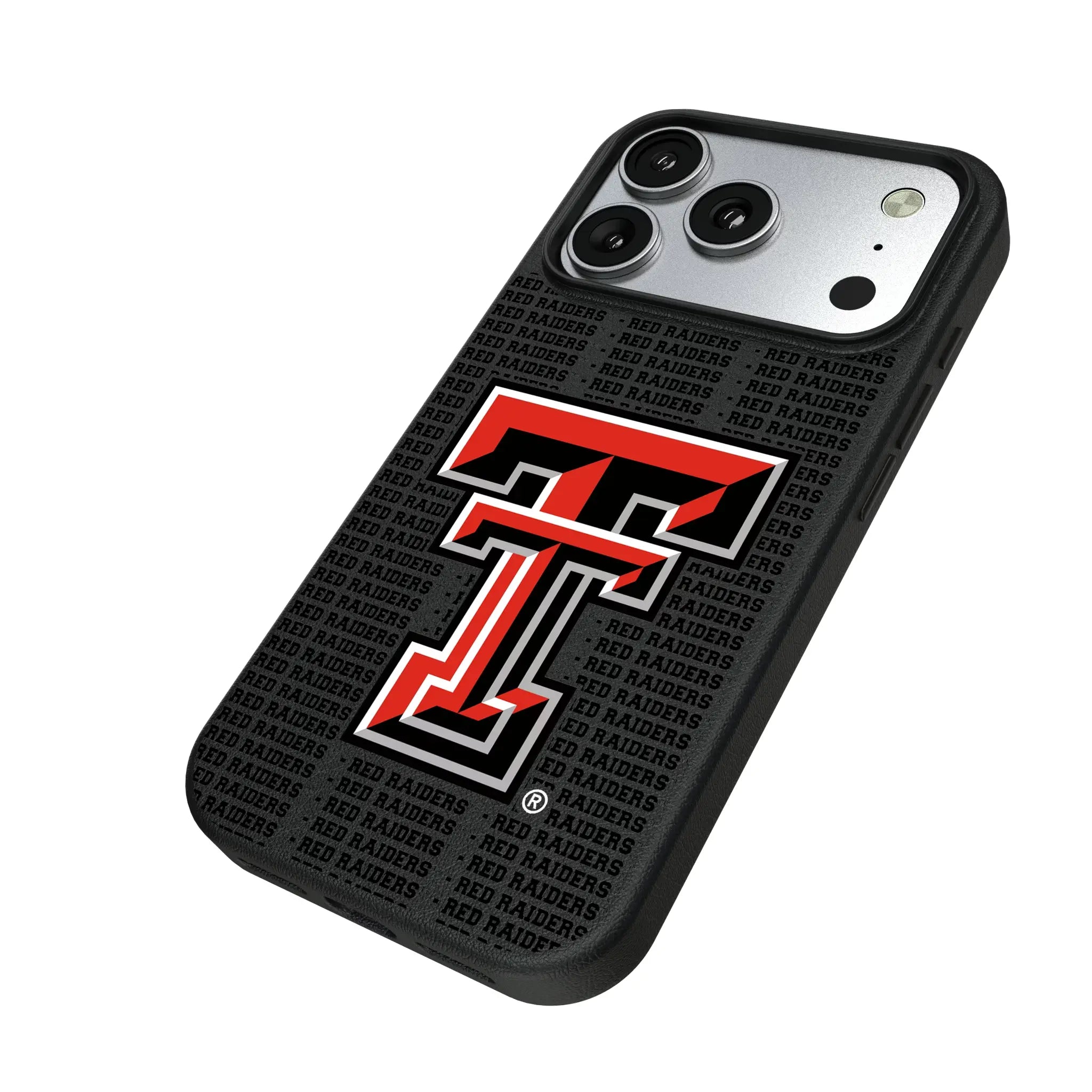 Texas Tech Red Raiders Text Backdrop iPhone MagSafe Compatible Phone Case for Apple iPhone - Isometric View#Device_iPhone 17 Pro