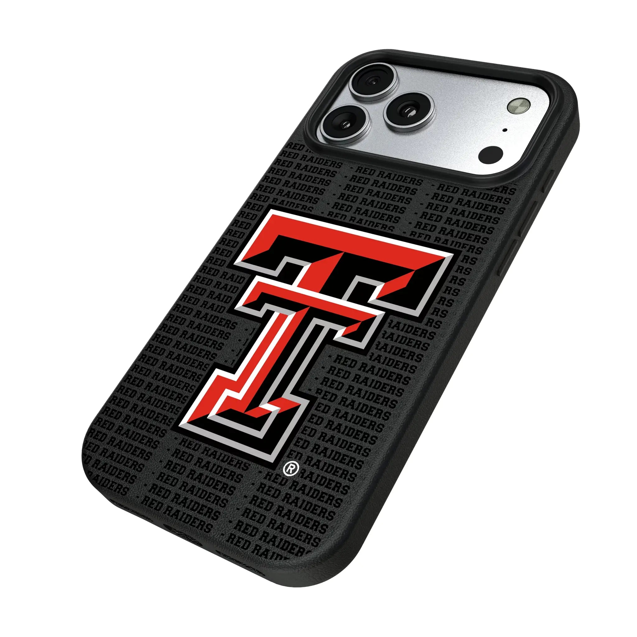 Texas Tech Red Raiders Text Backdrop iPhone MagSafe Compatible Phone Case for Apple iPhone - Isometric View#Device_iPhone 17 Pro Max
