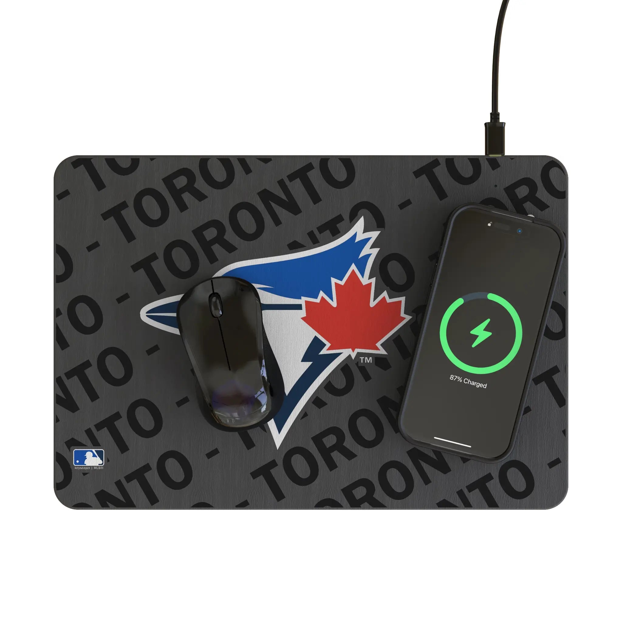 Toronto Blue Jays Monocolor Tilt 15-Watt Wireless Charger and Mouse Pad - Lifestyle
