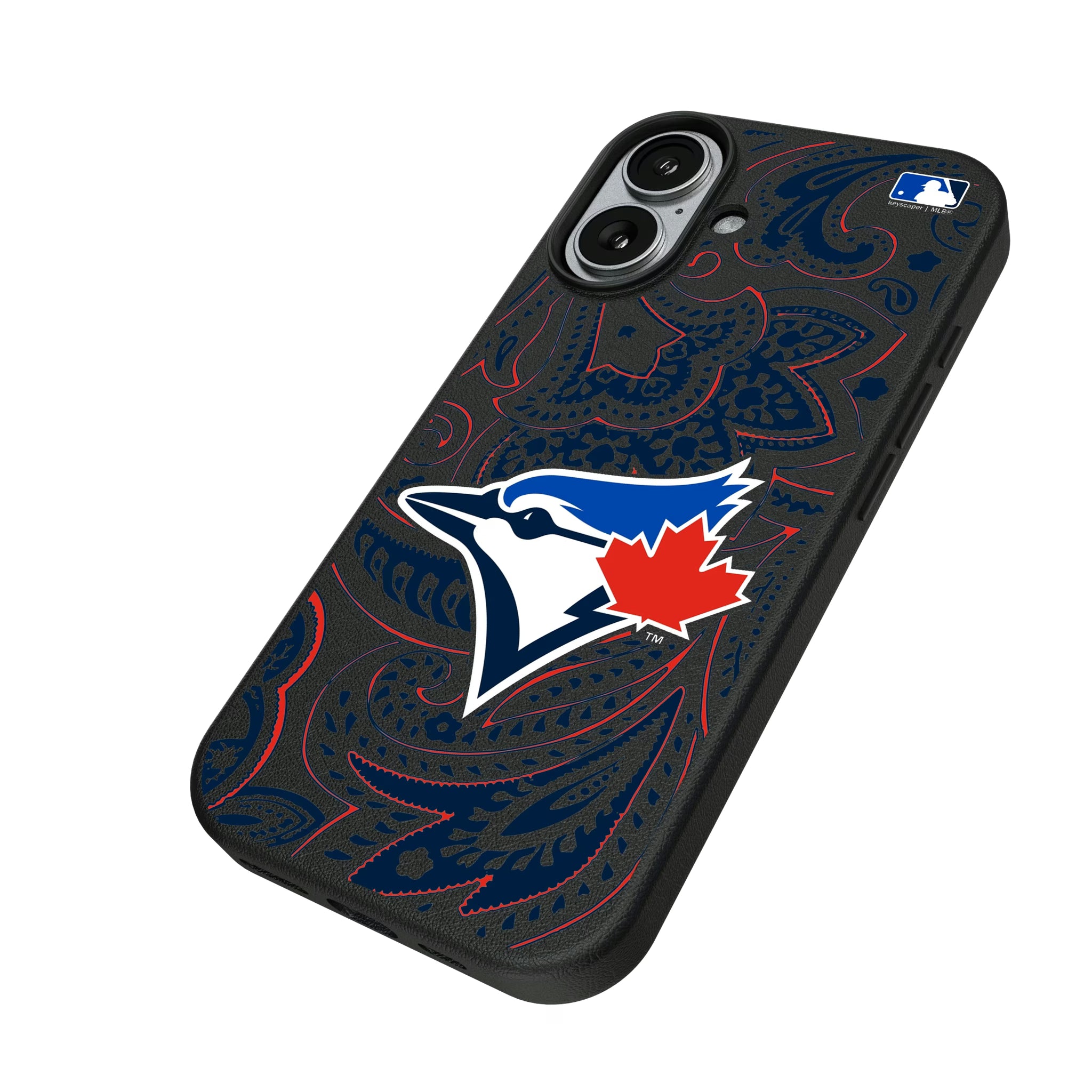 Toronto Blue Jays Paisley iPhone MagSafe Compatible Phone Case for Apple iPhone - Isometric View#Device_iPhone 17