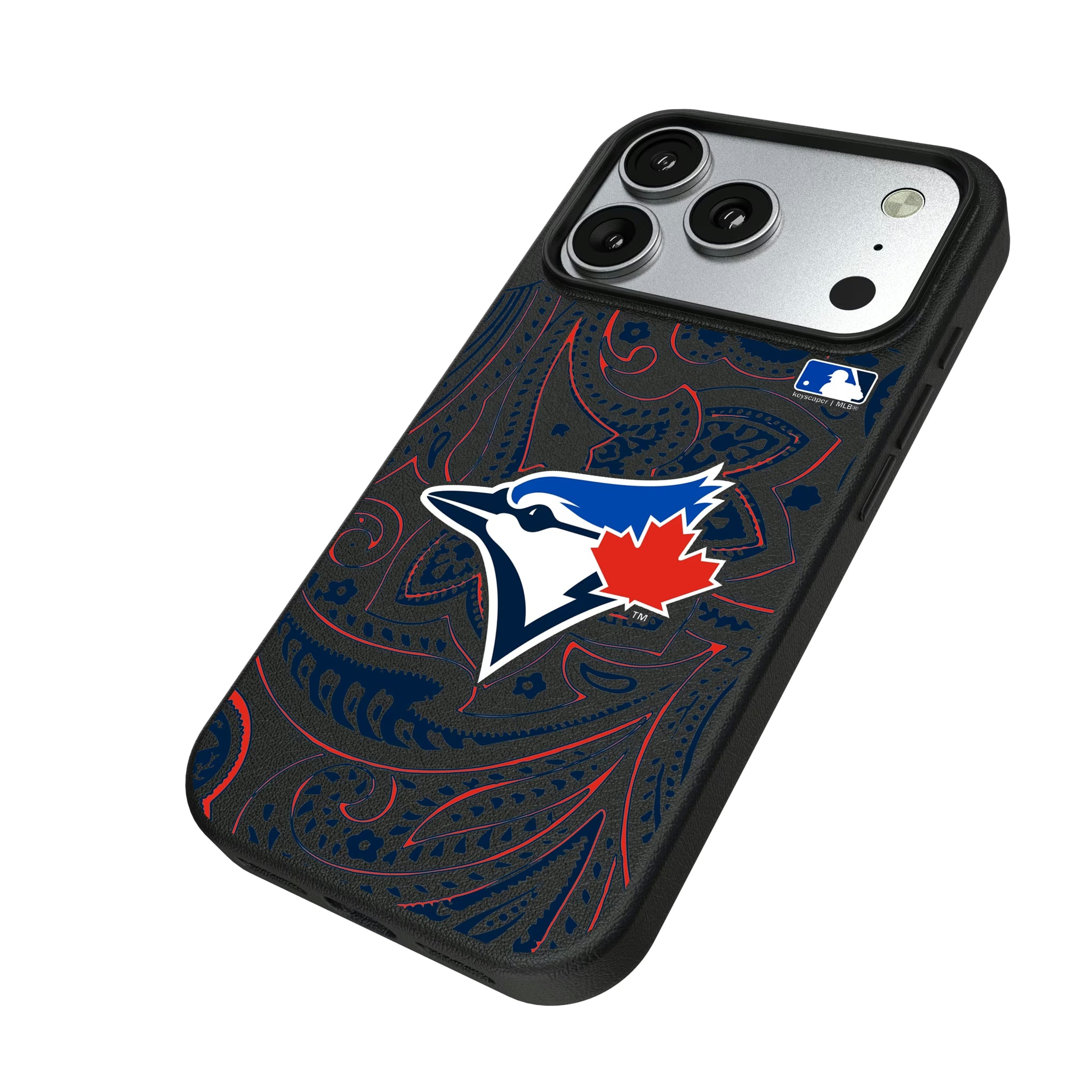 Toronto Blue Jays Paisley iPhone MagSafe Compatible Phone Case for Apple iPhone - Isometric View#Device_iPhone 17 Pro