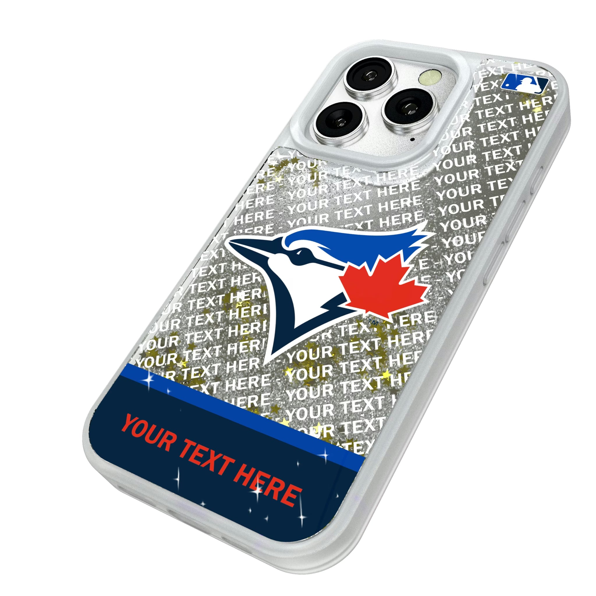 Toronto Blue Jays Personalized EndZone Plus iPhone Glitter Phone Case for Apple iPhone - Isometric View#Device_iPhone 16 Pro