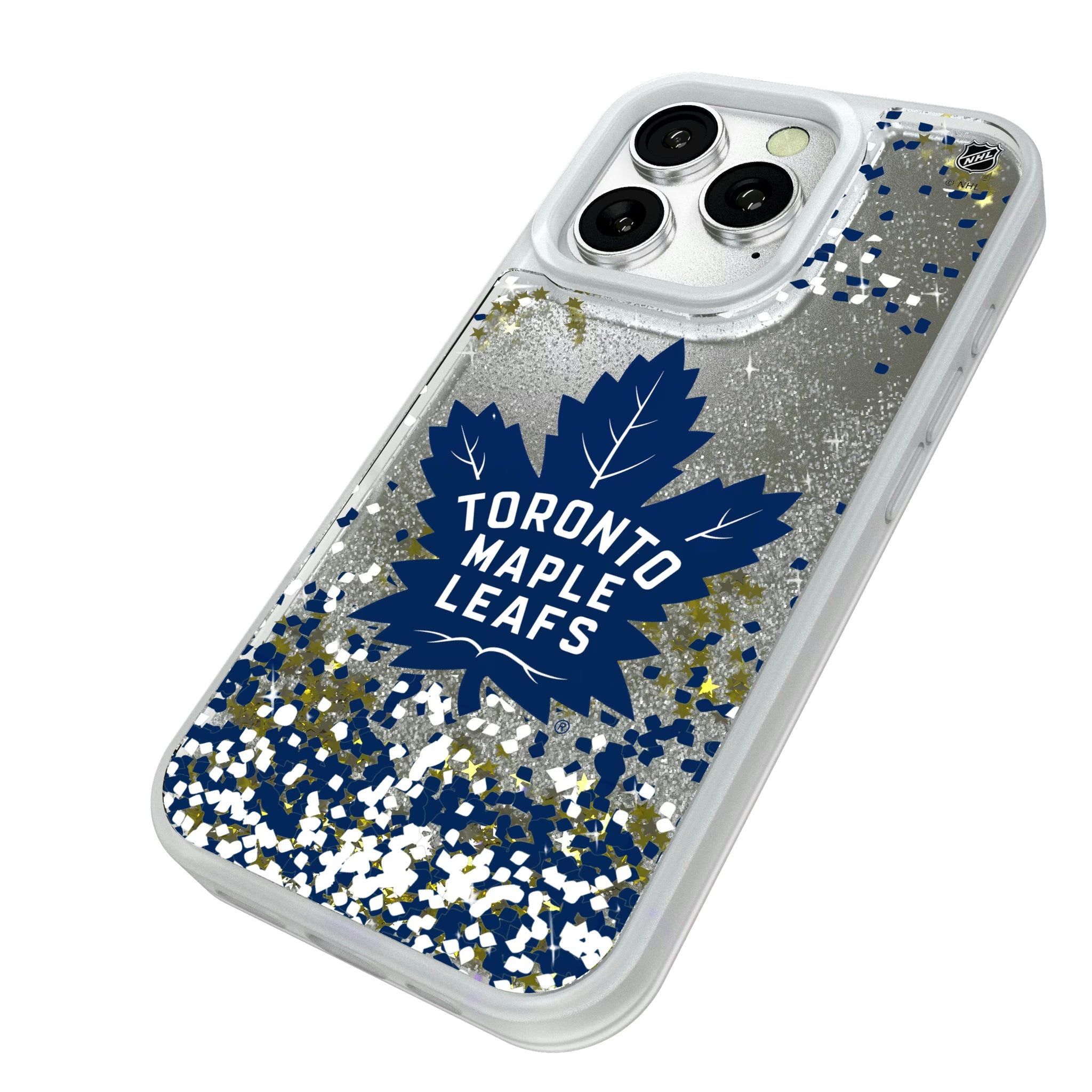 Toronto Maple Leafs Confetti iPhone Glitter Phone Case for Apple iPhone - Isometric View#Device_iPhone 16 Pro