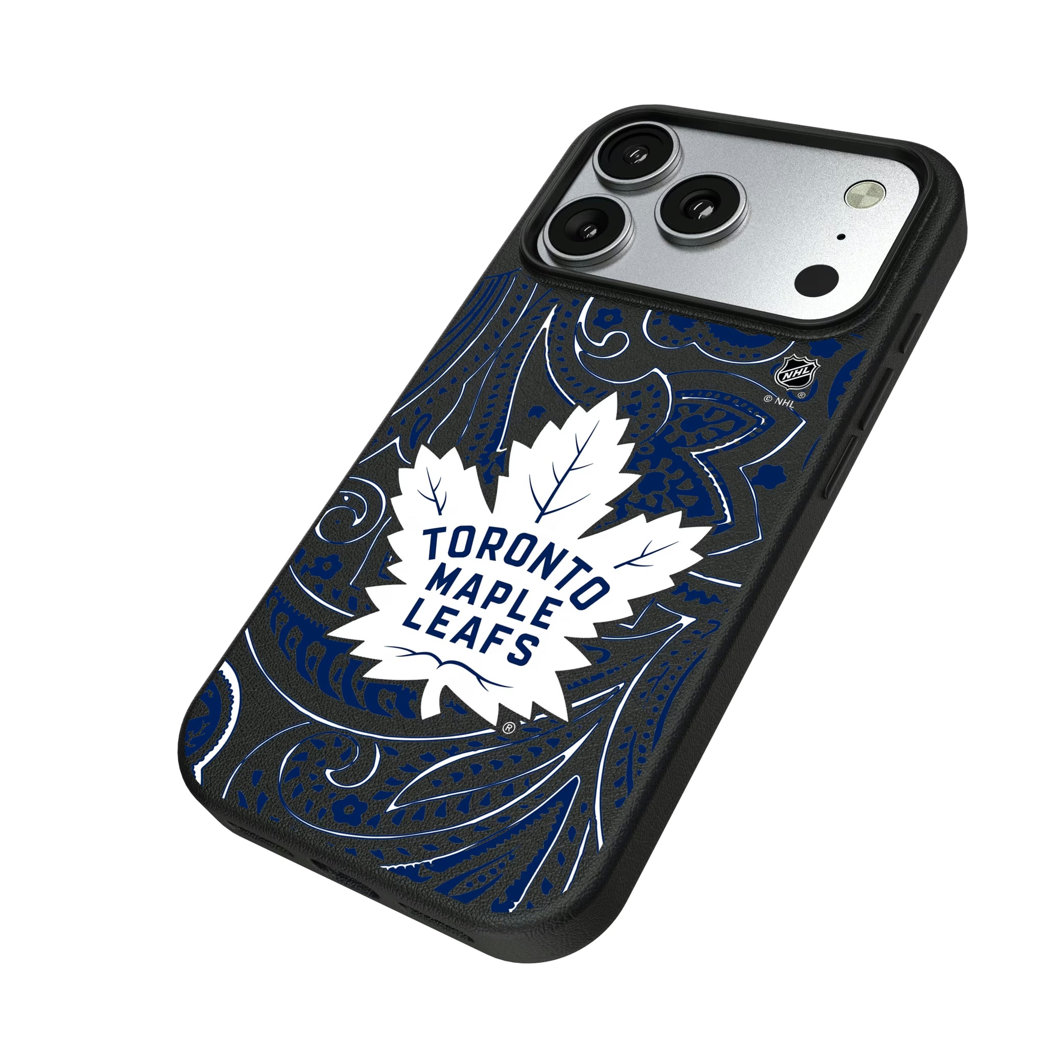 Toronto Maple Leafs Paisley iPhone MagSafe Compatible Phone Case for Apple iPhone - Isometric View#Device_iPhone 17 Pro