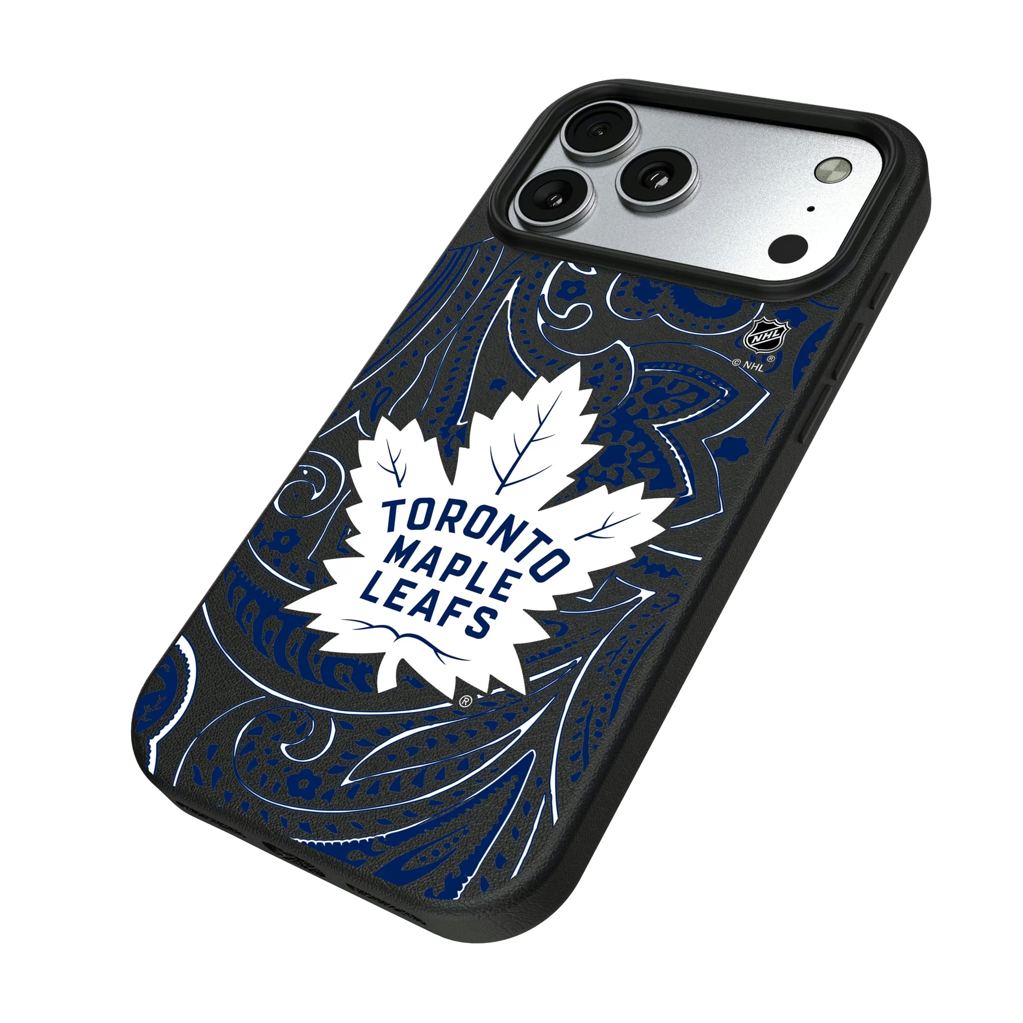 Toronto Maple Leafs Paisley iPhone MagSafe Compatible Phone Case for Apple iPhone - Isometric View#Device_iPhone 17 Pro Max