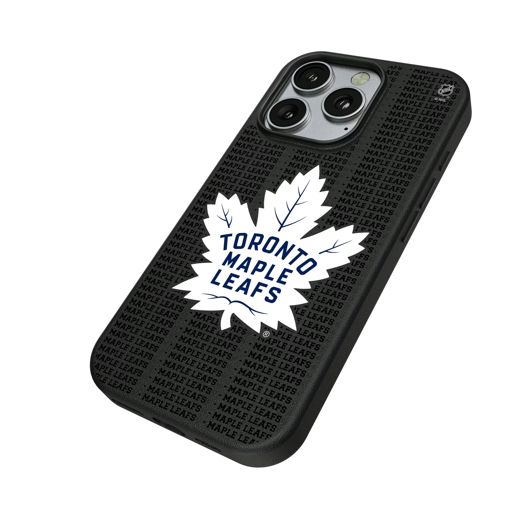 Toronto Maple Leafs Text Backdrop iPhone MagSafe Compatible Phone Case for Apple iPhone - Isometric View