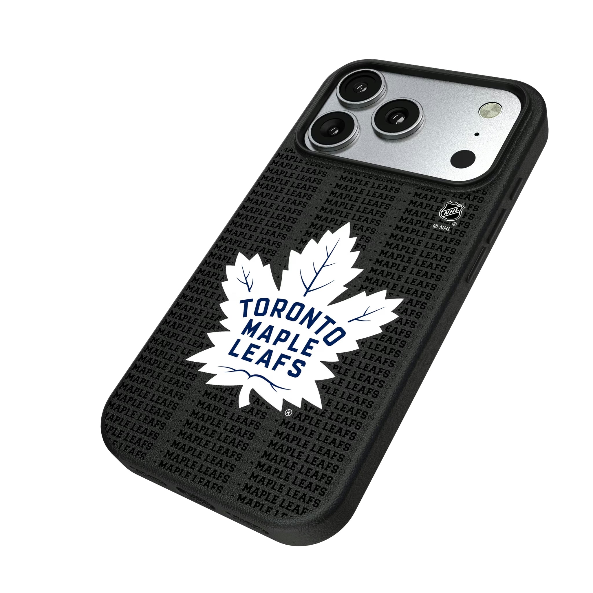 Toronto Maple Leafs Text Backdrop iPhone MagSafe Compatible Phone Case for Apple iPhone - Isometric View#Device_iPhone 17 Pro