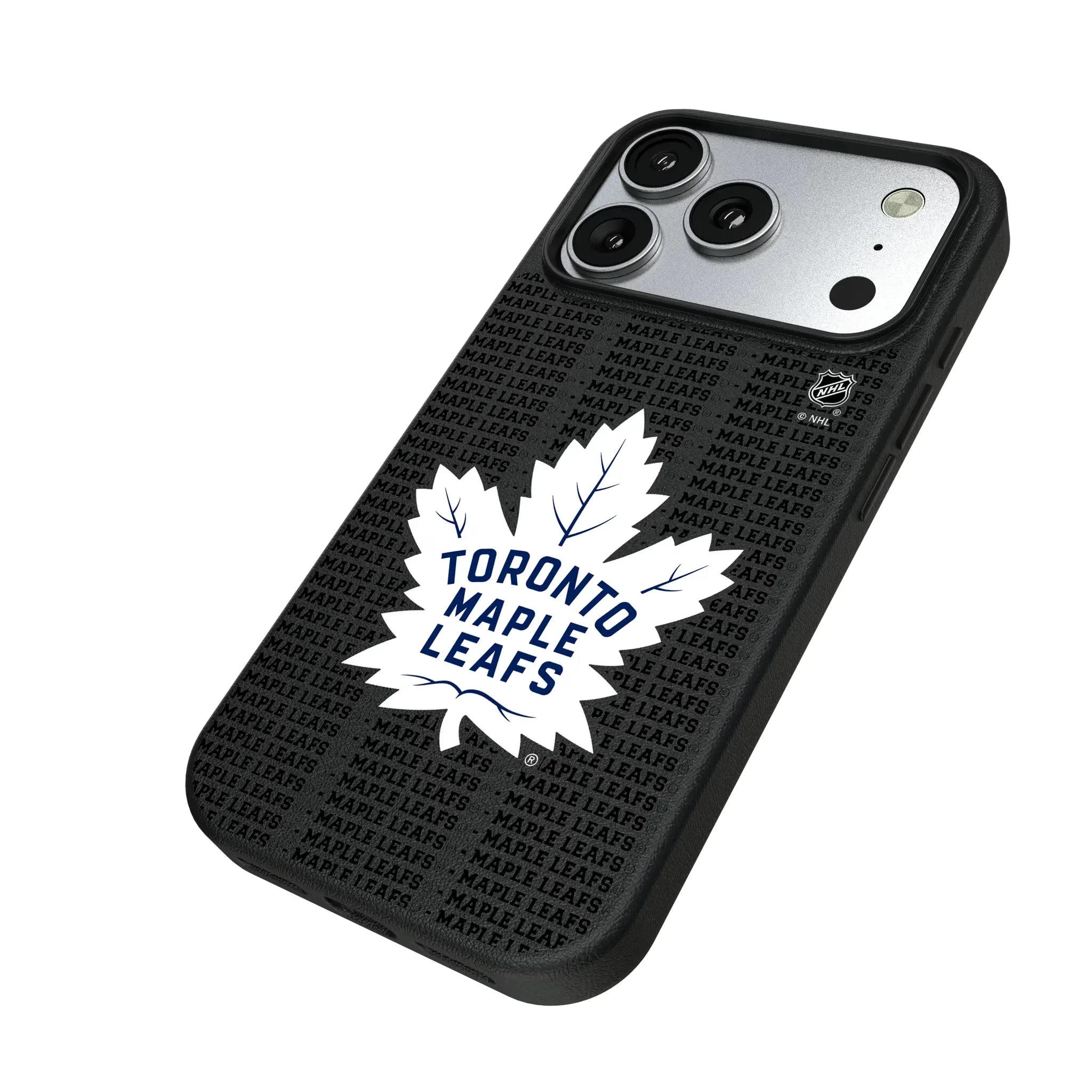 Toronto Maple Leafs Text Backdrop iPhone MagSafe Compatible Phone Case for Apple iPhone - Isometric View#Device_iPhone 17 Pro