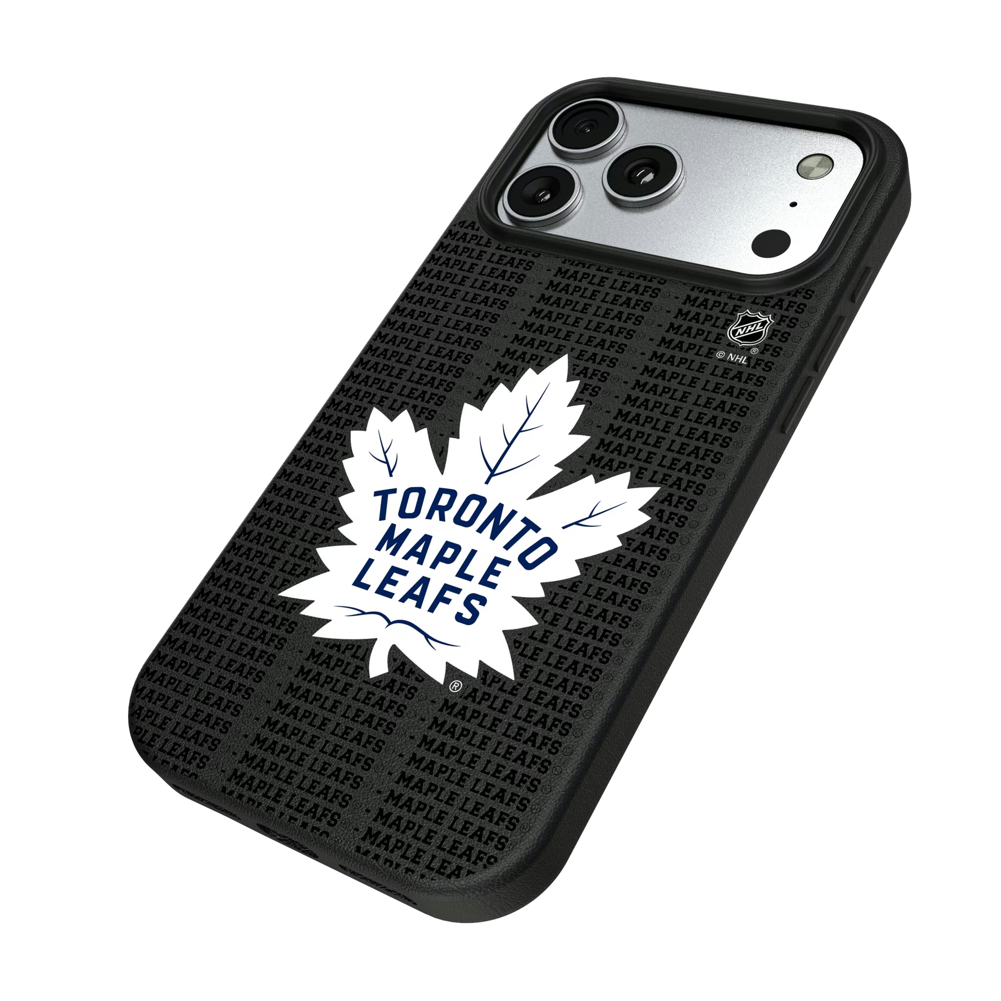 Toronto Maple Leafs Text Backdrop iPhone MagSafe Compatible Phone Case for Apple iPhone - Isometric View#Device_iPhone 17 Pro Max