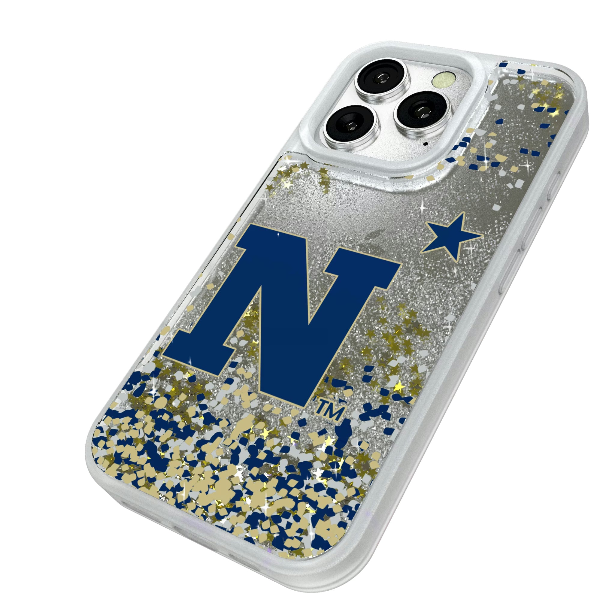 United State Naval Academy Midshipmen Confetti iPhone Glitter Phone Case for Apple iPhone - Isometric View#Device_iPhone 16 Pro