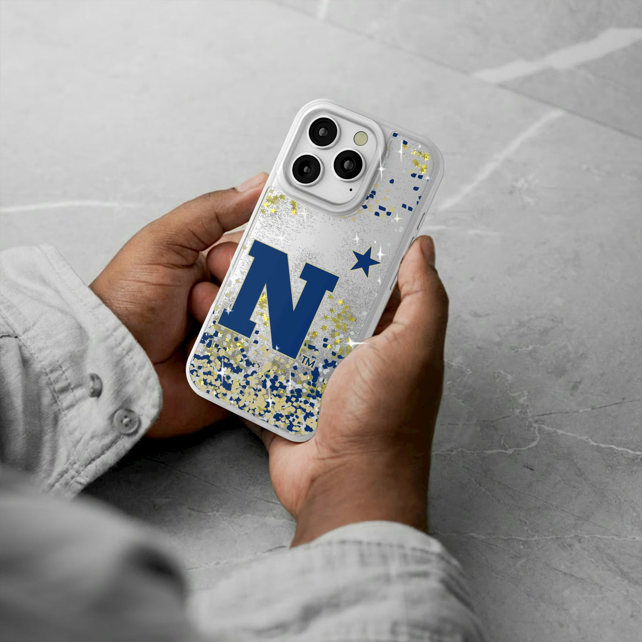 United State Naval Academy Midshipmen Confetti iPhone Glitter Phone Case for Apple iPhone - Lifestyle#Device_iPhone 16 Pro