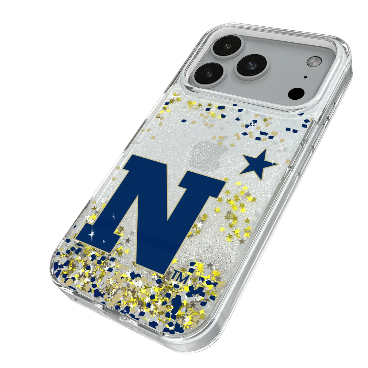 United State Naval Academy Midshipmen Confetti iPhone Glitter Phone Case for Apple iPhone - Isometric View#Device_iPhone 18 Pro