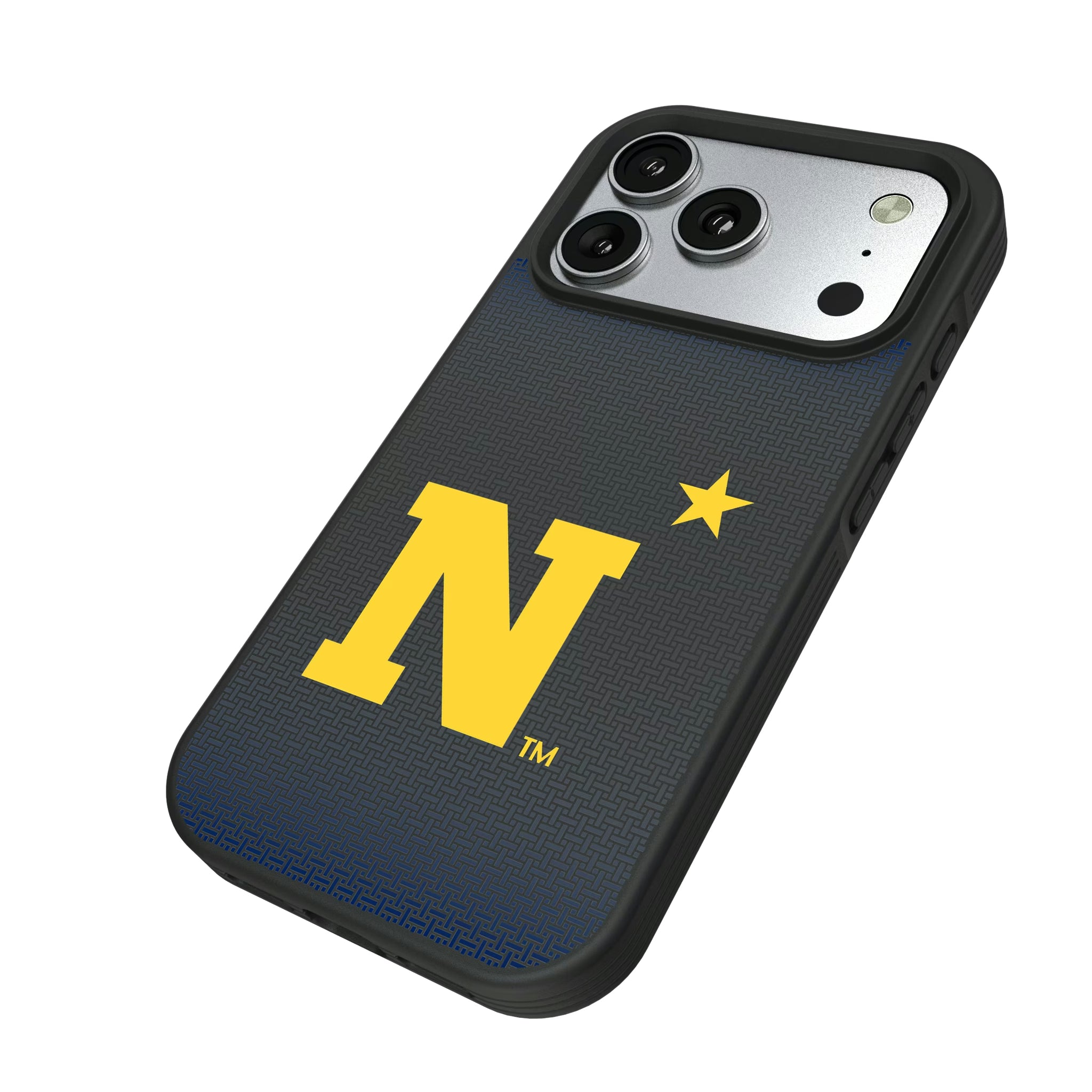 United State Naval Academy Midshipmen Linen iPhone Bump Phone Case for Apple iPhone - Isometric View#Device_iPhone 17 Pro
