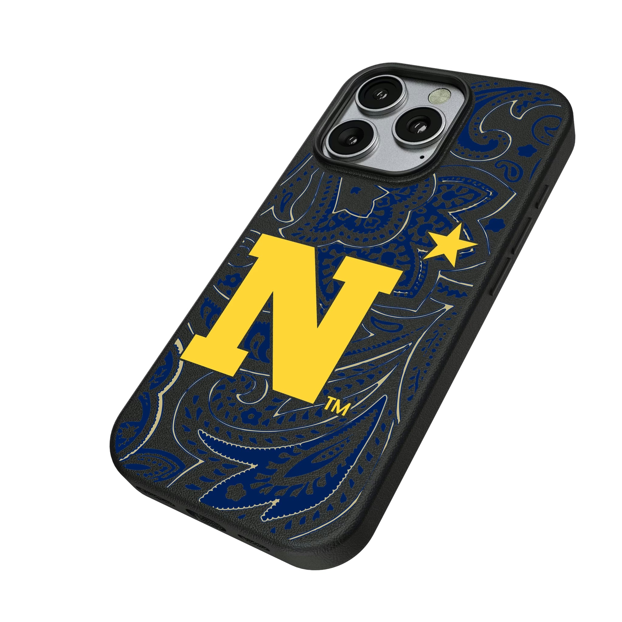 United State Naval Academy Midshipmen Paisley iPhone MagSafe Compatible Phone Case for Apple iPhone - Isometric View