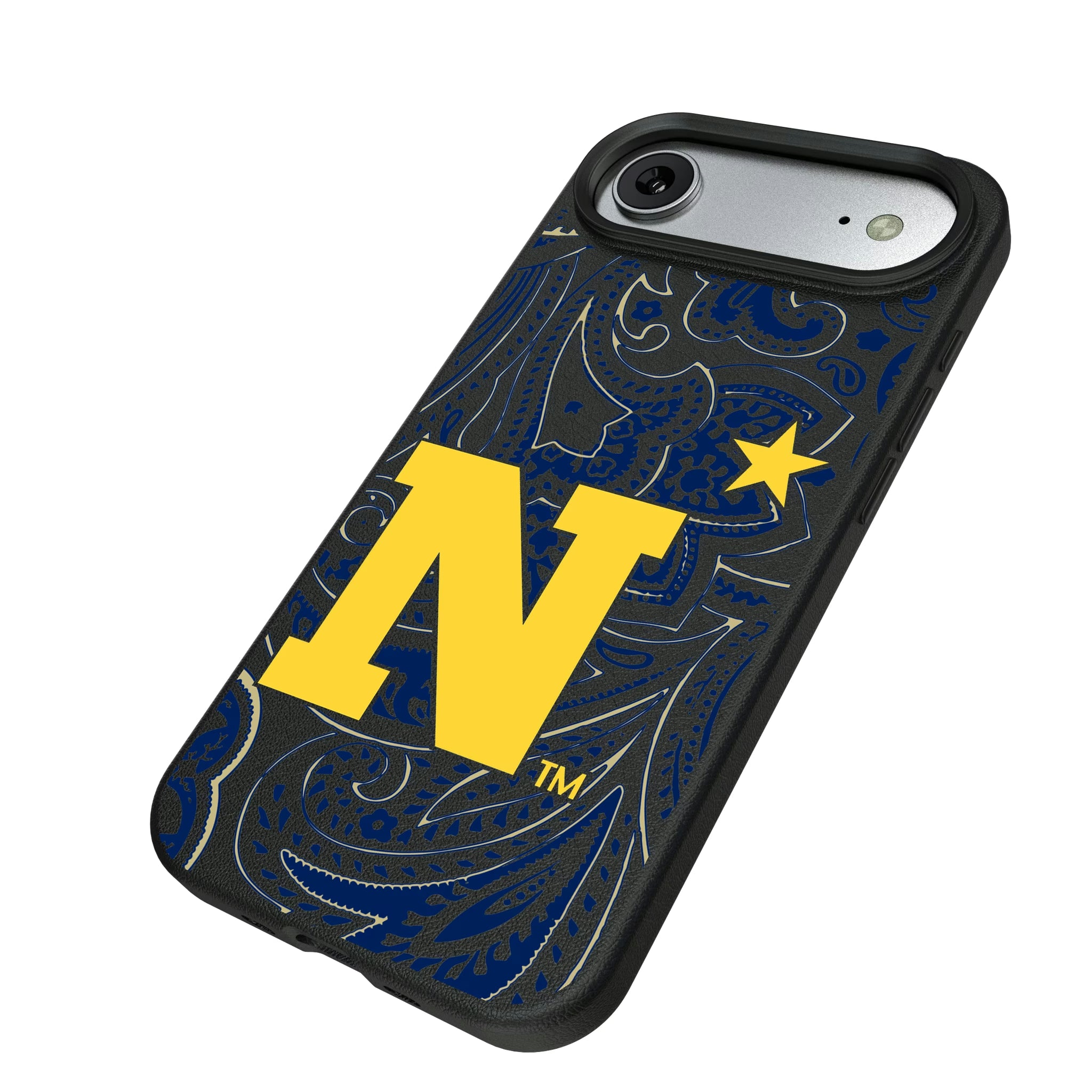 United State Naval Academy Midshipmen Paisley iPhone MagSafe Compatible Phone Case for Apple iPhone - Isometric View#Device_iPhone Air