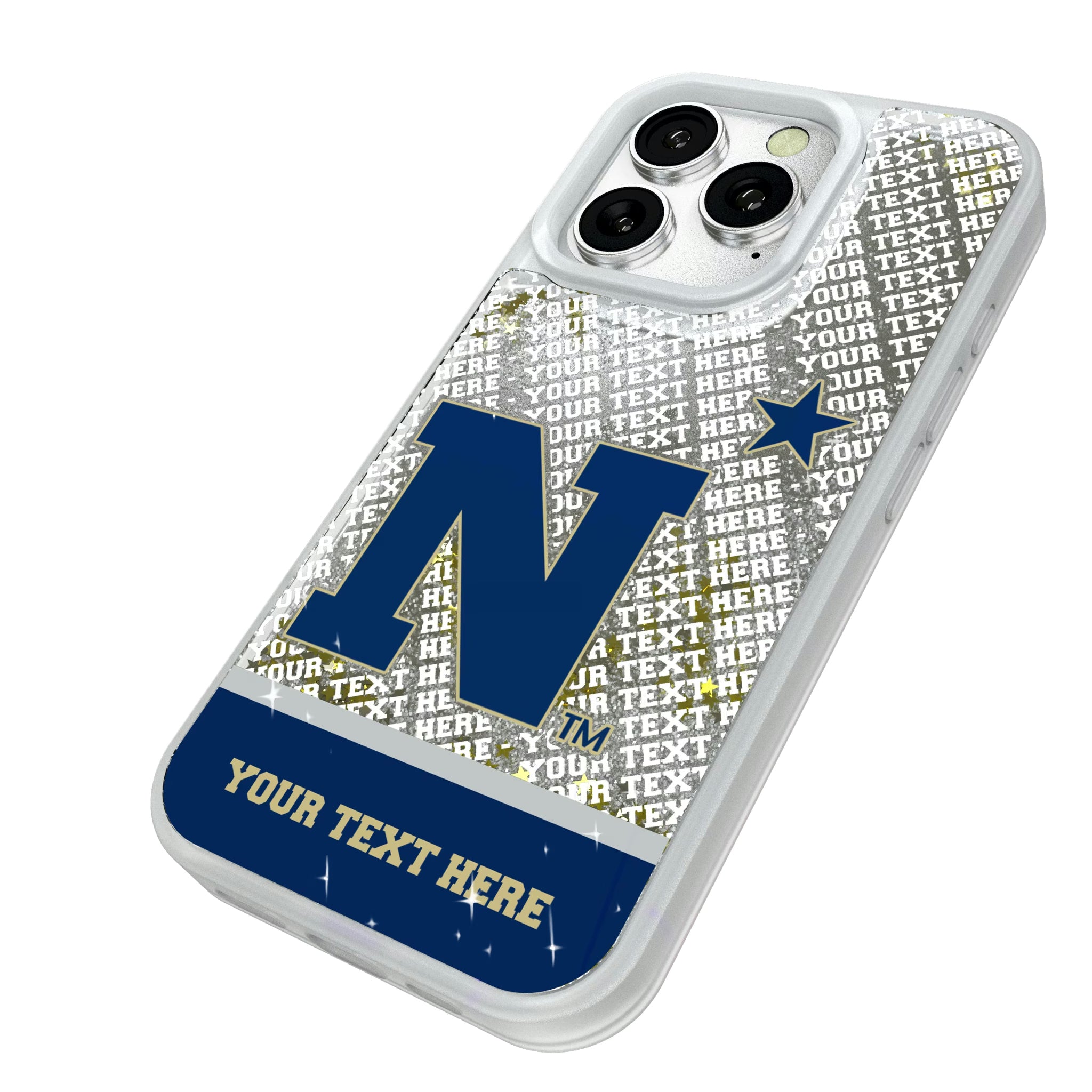 United State Naval Academy Midshipmen Personalized EndZone Plus iPhone Glitter Phone Case for Apple iPhone - Isometric View#Device_iPhone 16 Pro