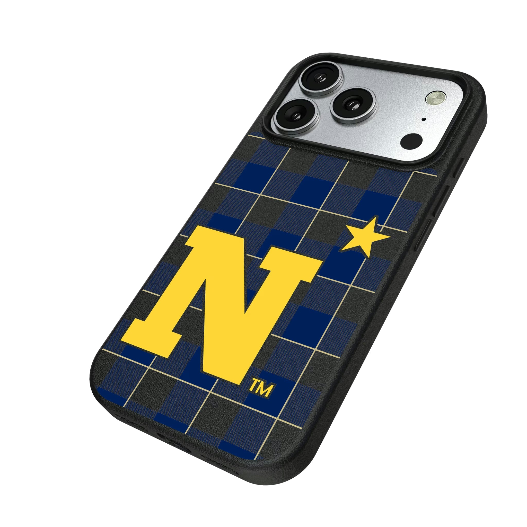 United State Naval Academy Midshipmen Plaid iPhone MagSafe Compatible Phone Case for Apple iPhone - Isometric View#Device_iPhone 17 Pro