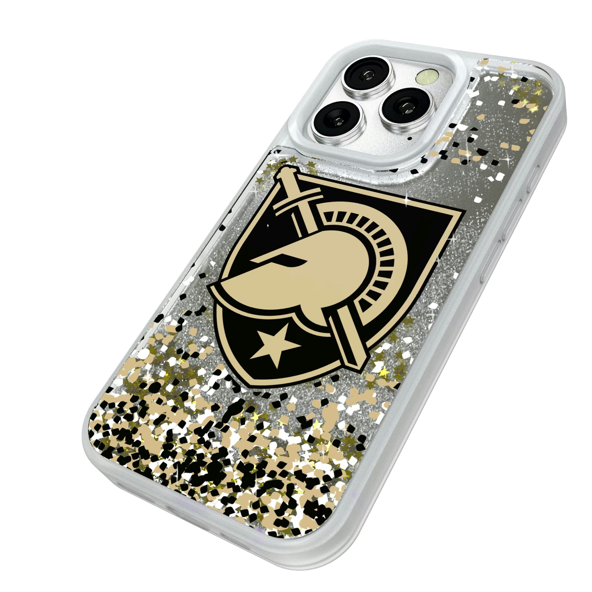 United States Military Academy Black Knights Confetti iPhone Glitter Phone Case for Apple iPhone - Isometric View#Device_iPhone 16 Pro
