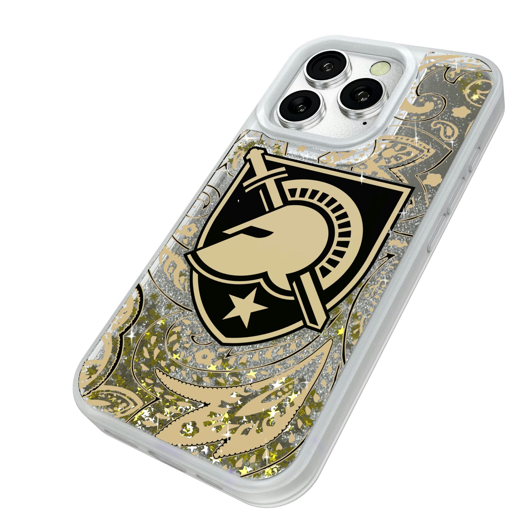 United States Military Academy Black Knights Paisley iPhone Glitter Phone Case for Apple iPhone - Isometric View#Device_iPhone 16 Pro