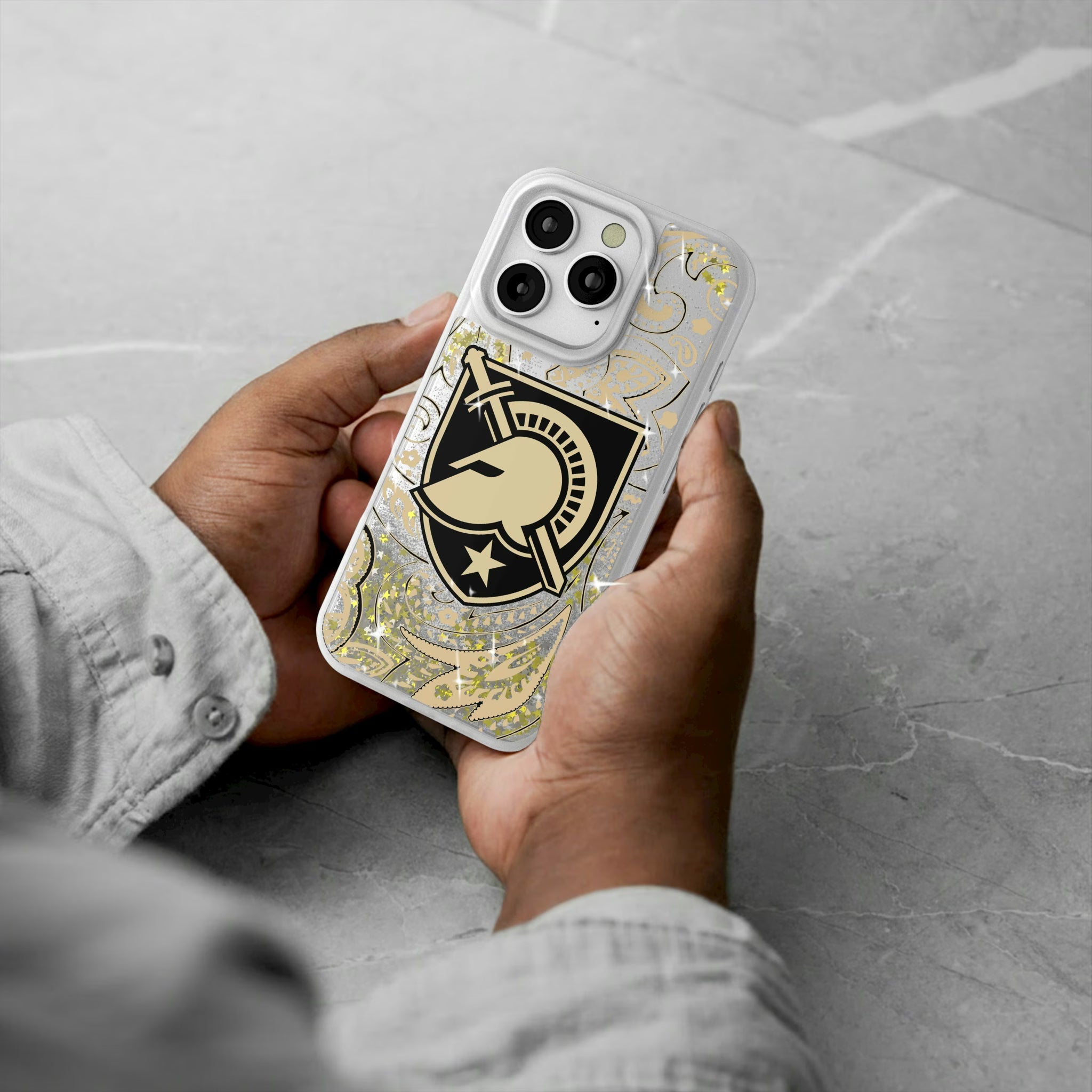 United States Military Academy Black Knights Paisley iPhone Glitter Phone Case for Apple iPhone - Lifestyle#Device_iPhone 16 Pro
